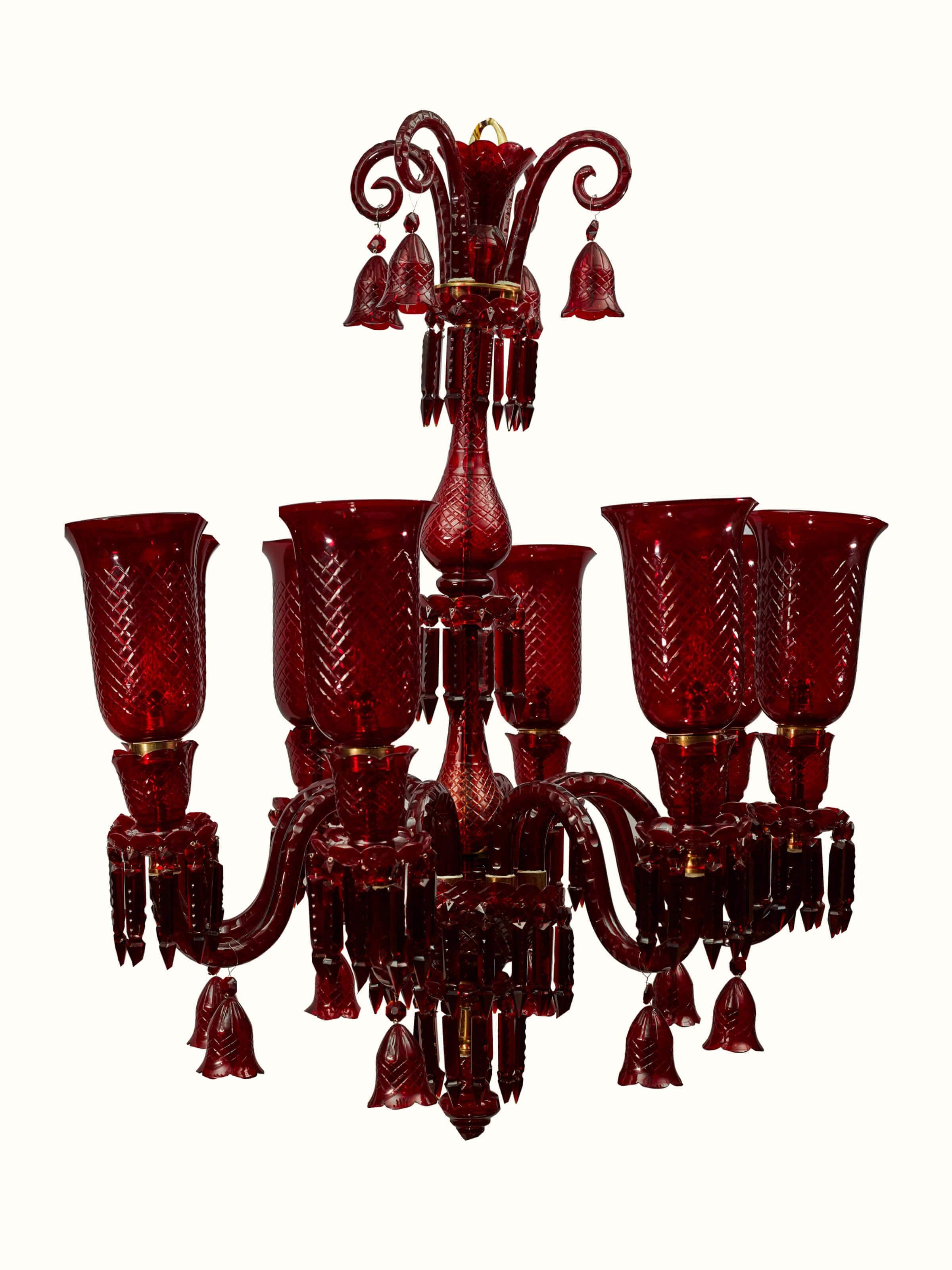 Side view of Glass Red Chandelier showcasing its depth and design features.