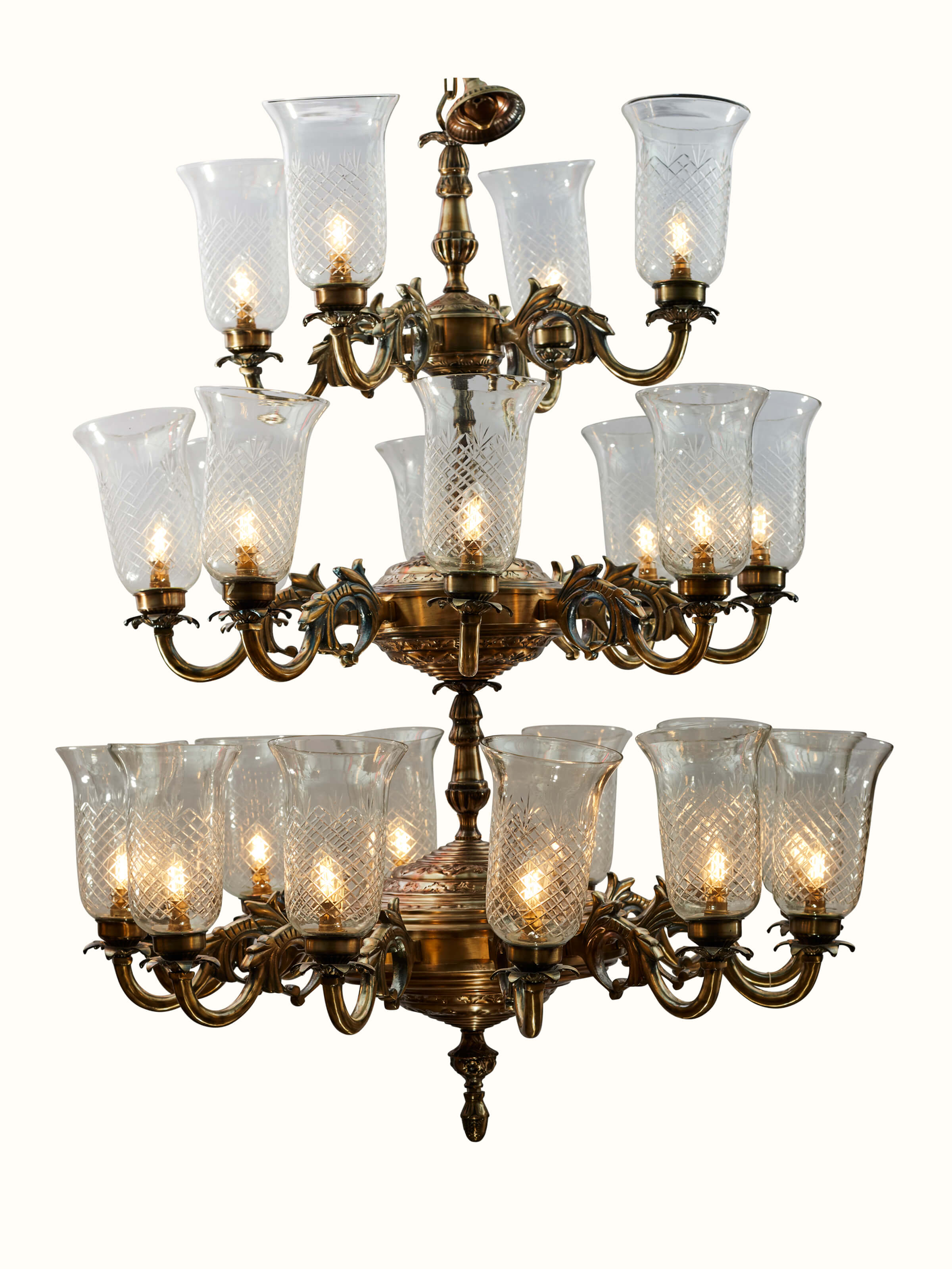 Detail view of Glass Work Brass Chandelier focusing on the intricate glasswork and brass finish.