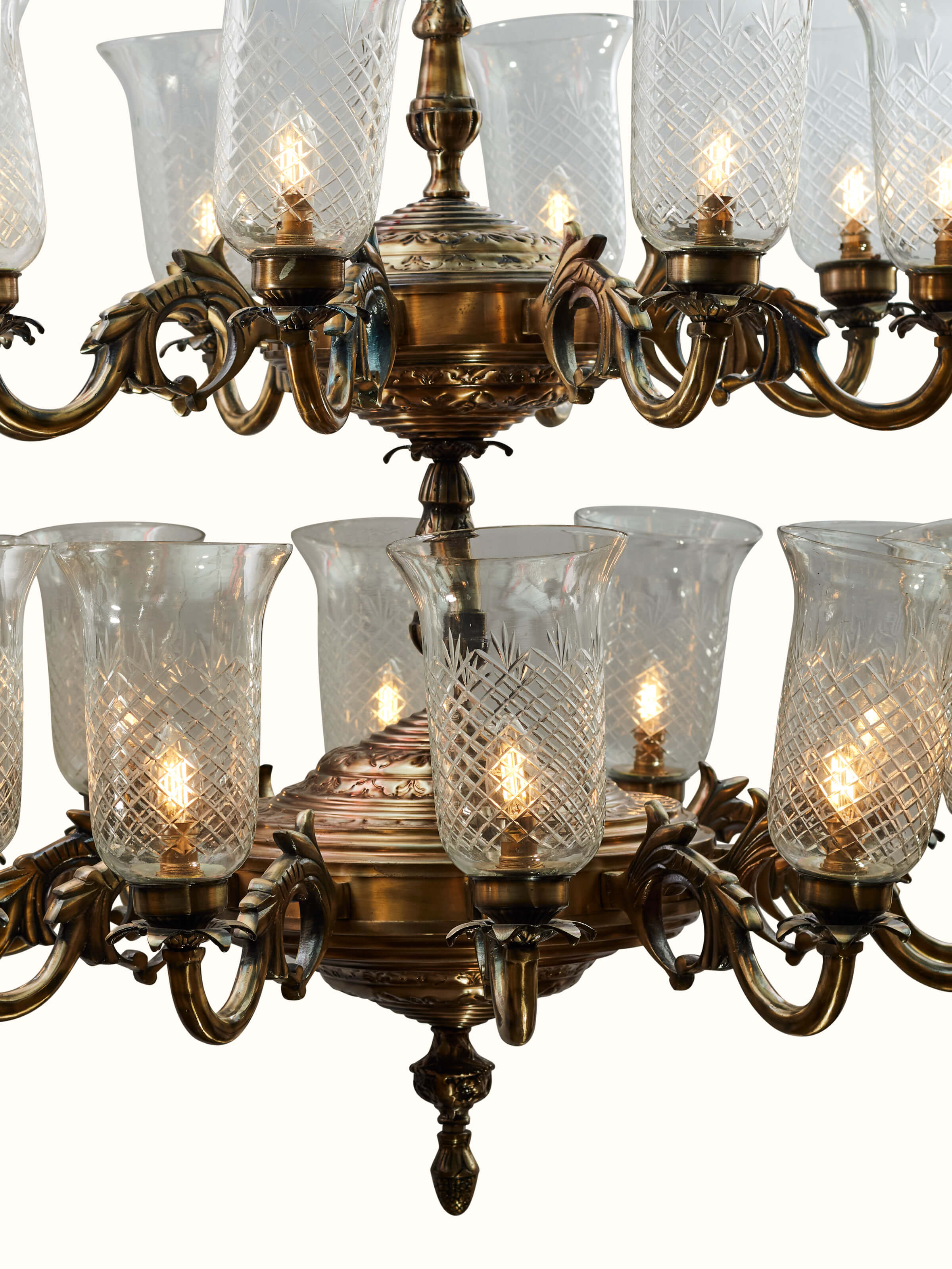 Alternate view of Glass Work Brass Chandelier highlighting its design and glass details.