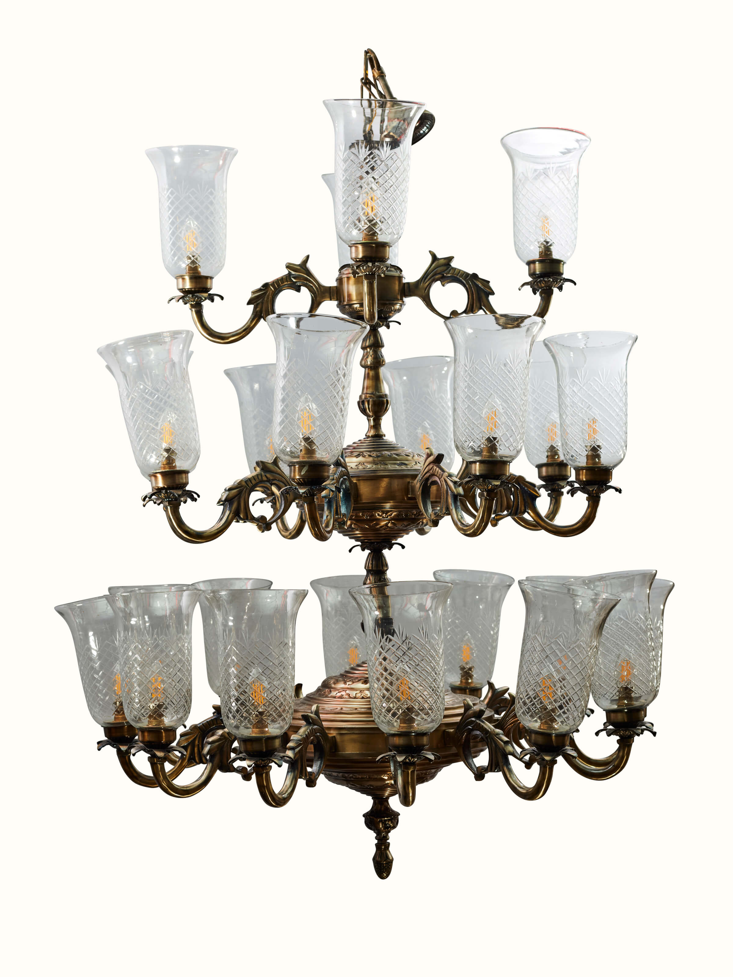 Side view of Glass Work Brass Chandelier showcasing its structure and design elements.