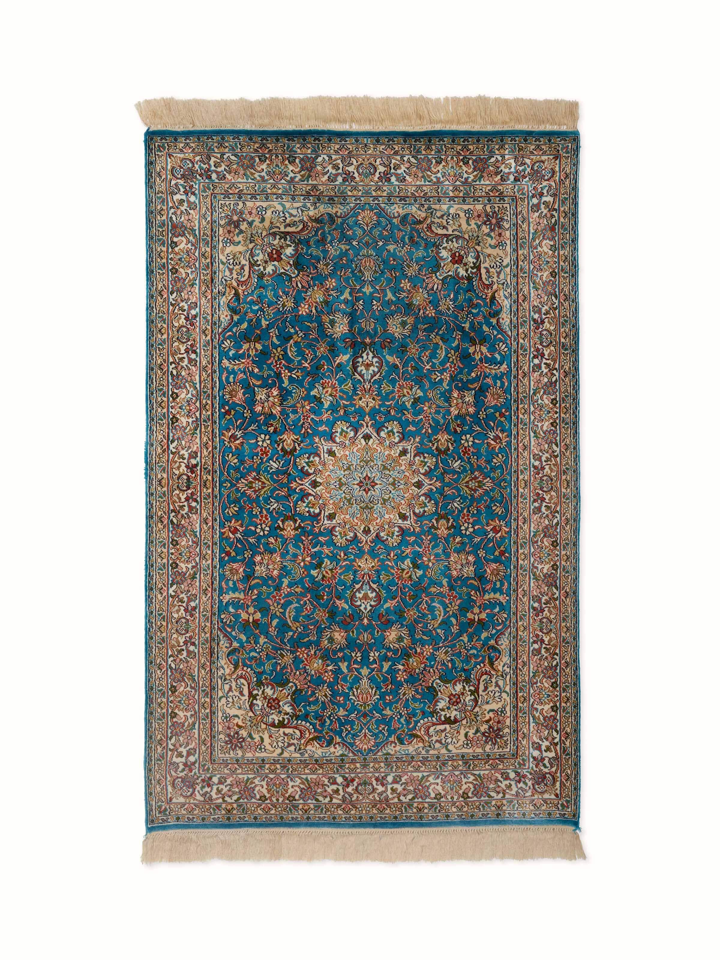 Front view of Traditional Persian Blue Kashan Kashmir Silk Hand-Knotted Carpet showcasing intricate floral patterns