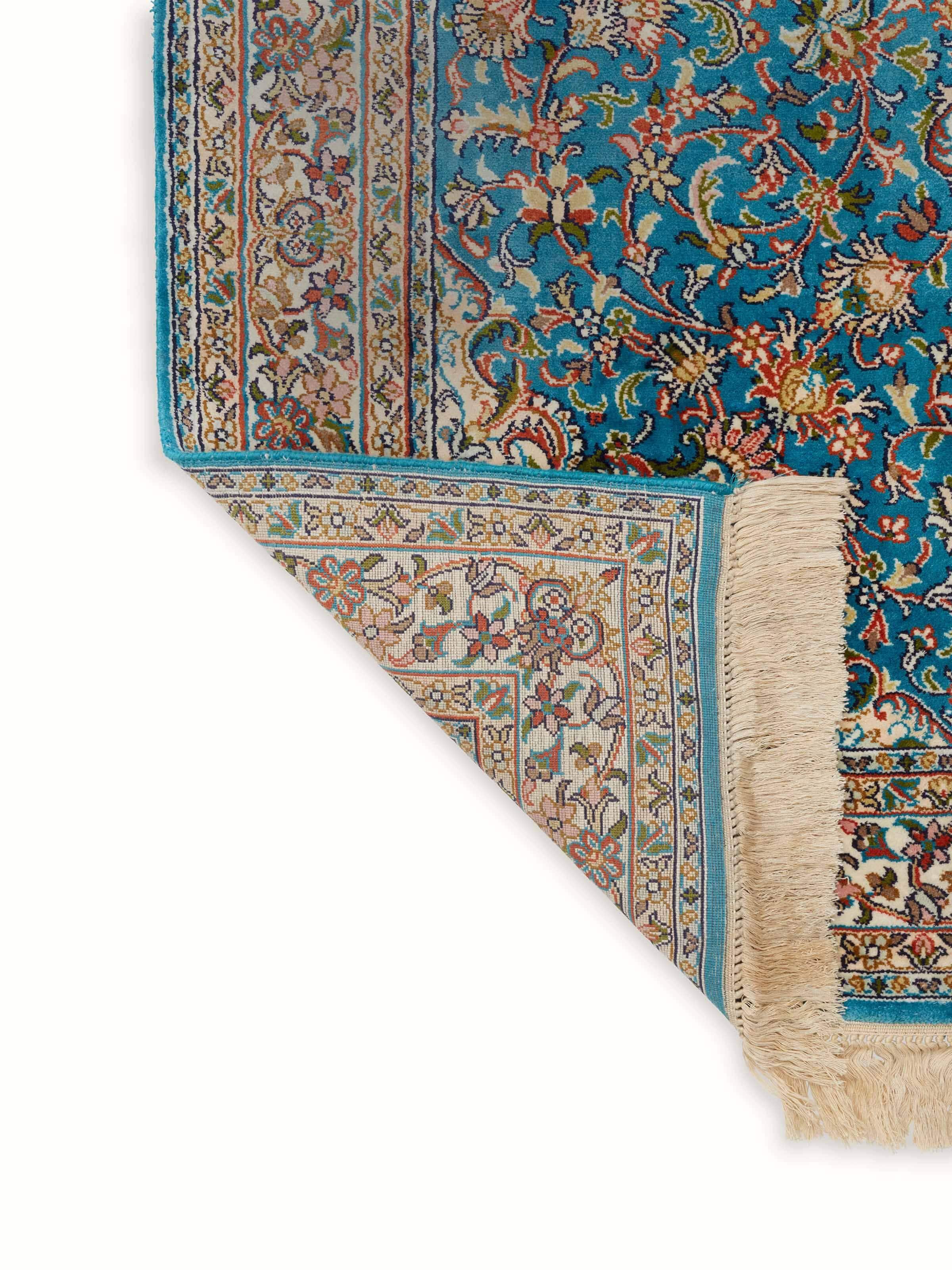 Overall view of Traditional Persian Blue Kashan Kashmir Silk Hand-Knotted Carpet displaying full design and luxurious texture