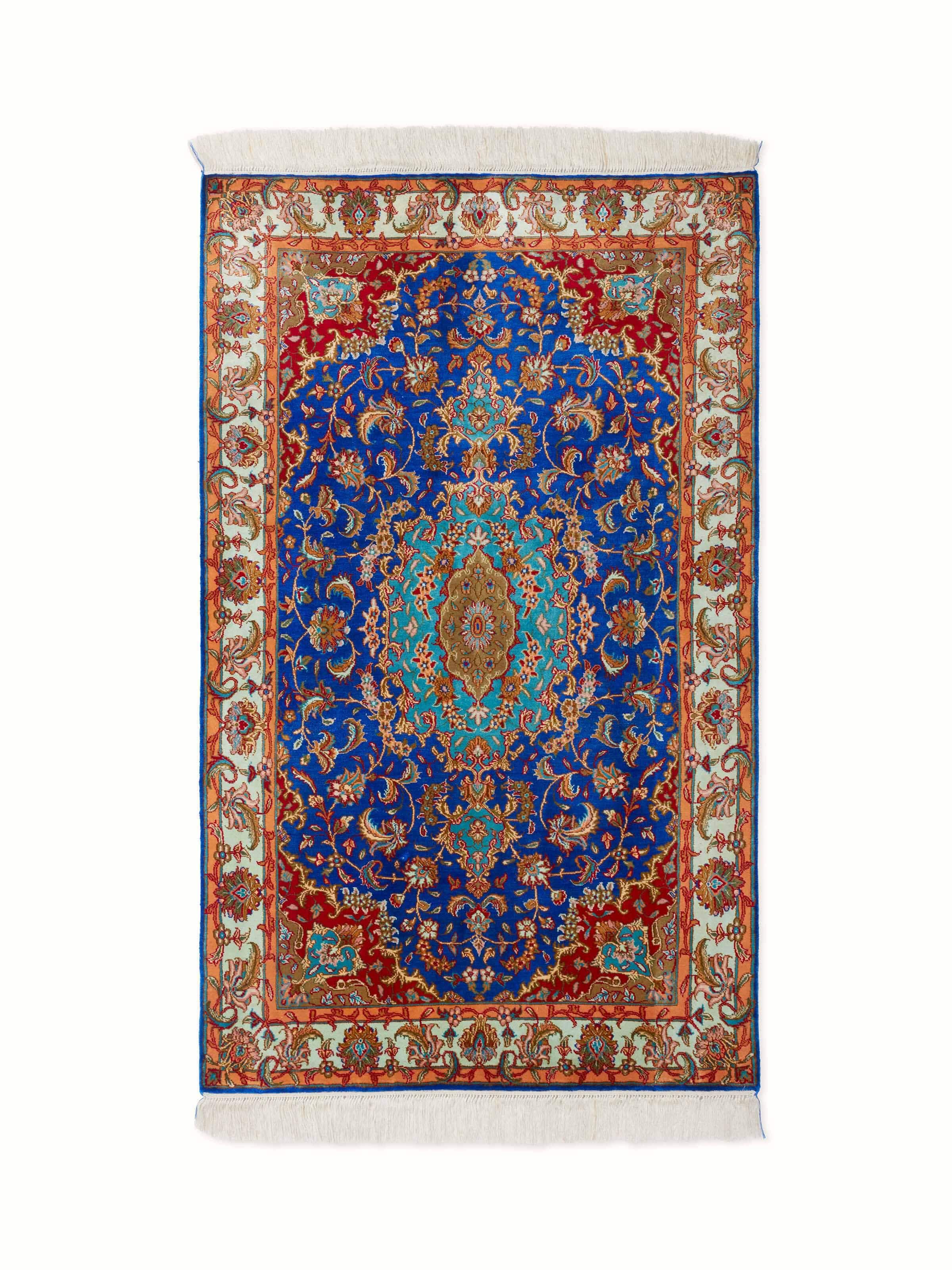 Full view of Traditional Persian Blue Red Kashan Kashmir silk hand-knotted carpet, featuring its vibrant blue and red color combination and intricate patterns.