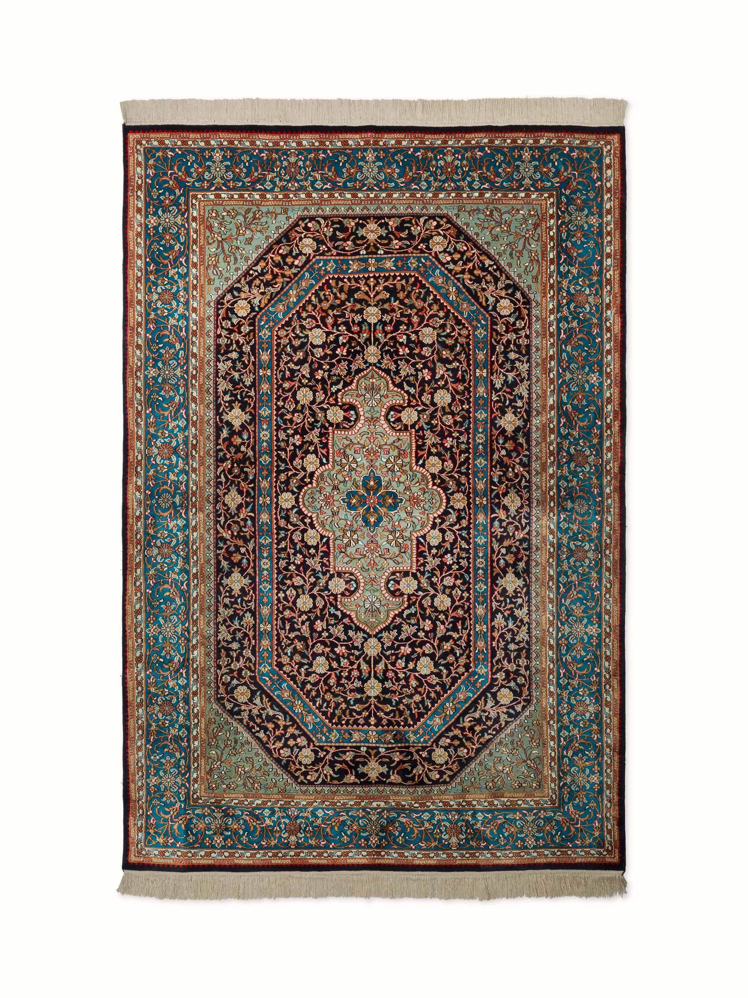 Full view of Traditional Persian navy teal Kashan Kashmir silk hand-knotted carpet showcasing its intricate design and rich color.