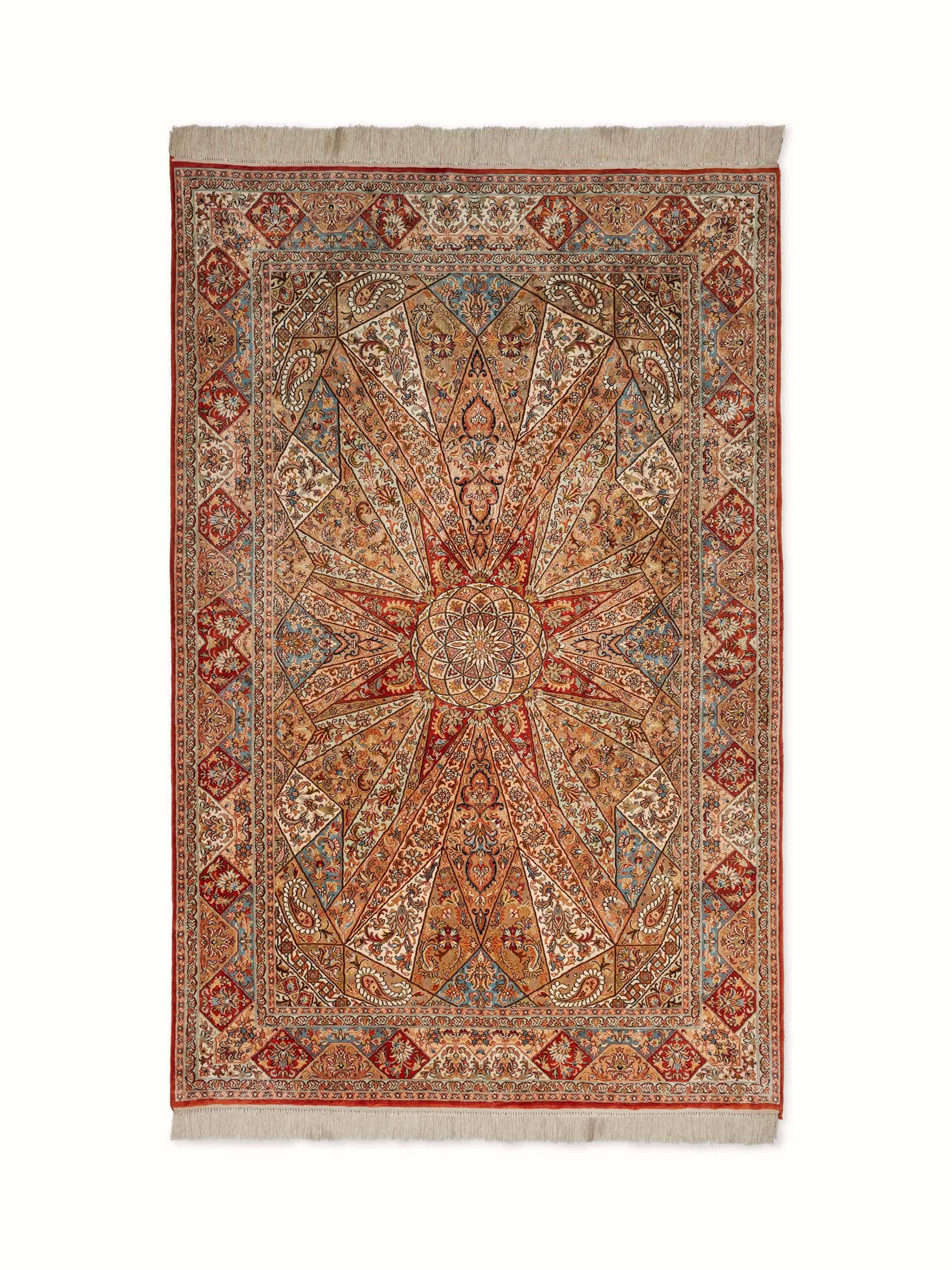 Full view of Traditional Persian rust khatamband Kashmir silk hand-knotted carpet showcasing its intricate design