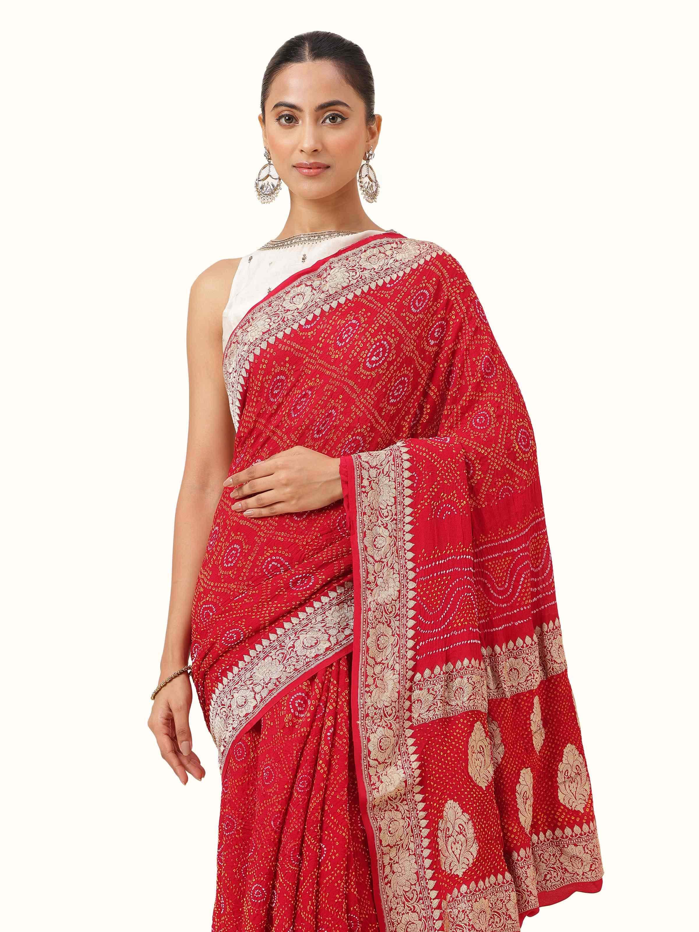 Red Crepe Bandhani Tie & Dye Saree
