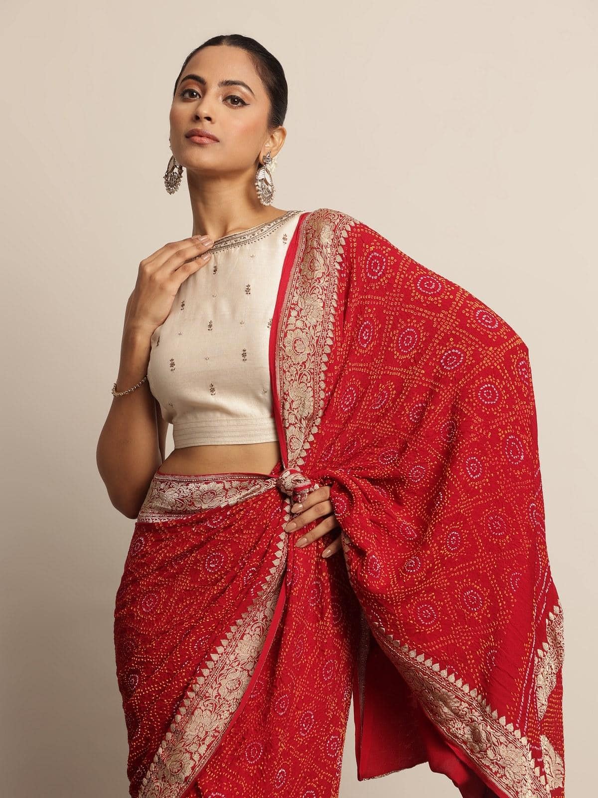 Red Crepe Bandhani Tie & Dye Saree