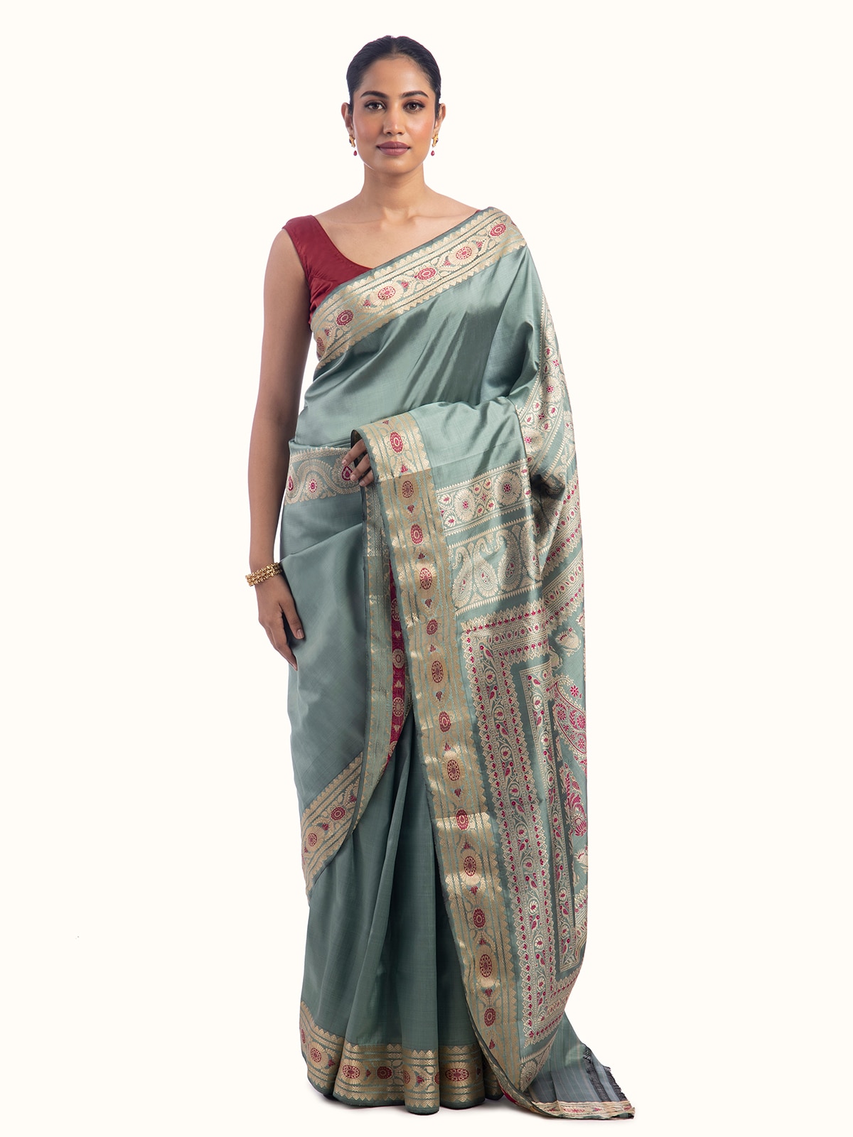 Front view of Sage green mulberry silk Baluchari saree with detailed weave