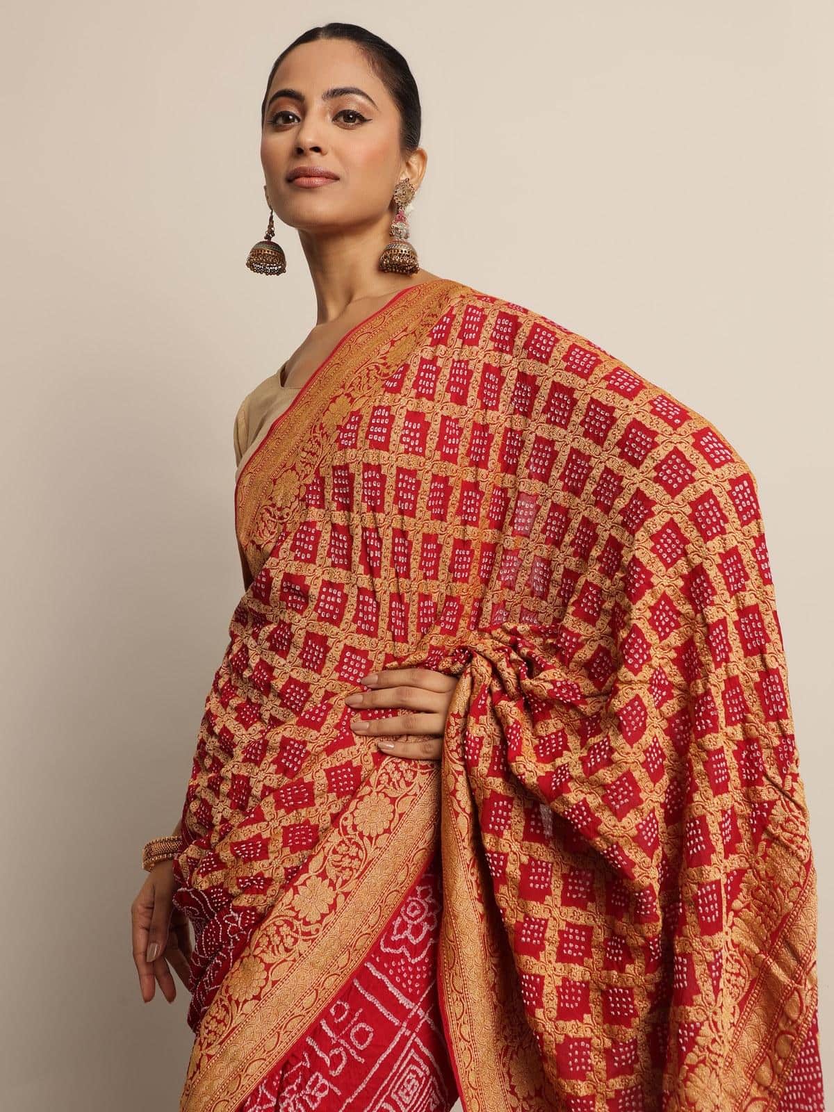 Red Crepe Bandhani Tie & Dye Saree