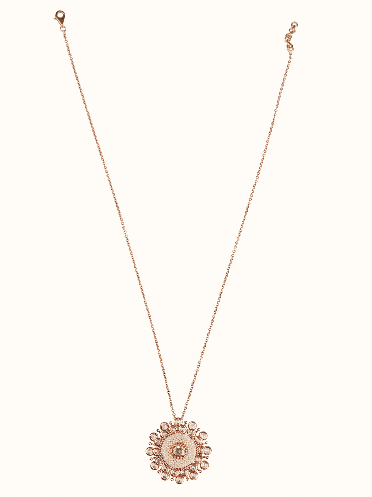 Front view of Pearl Pirohi 18 Karat Gold pendant and chain showcasing smooth gold finish and pearl centerpiece.