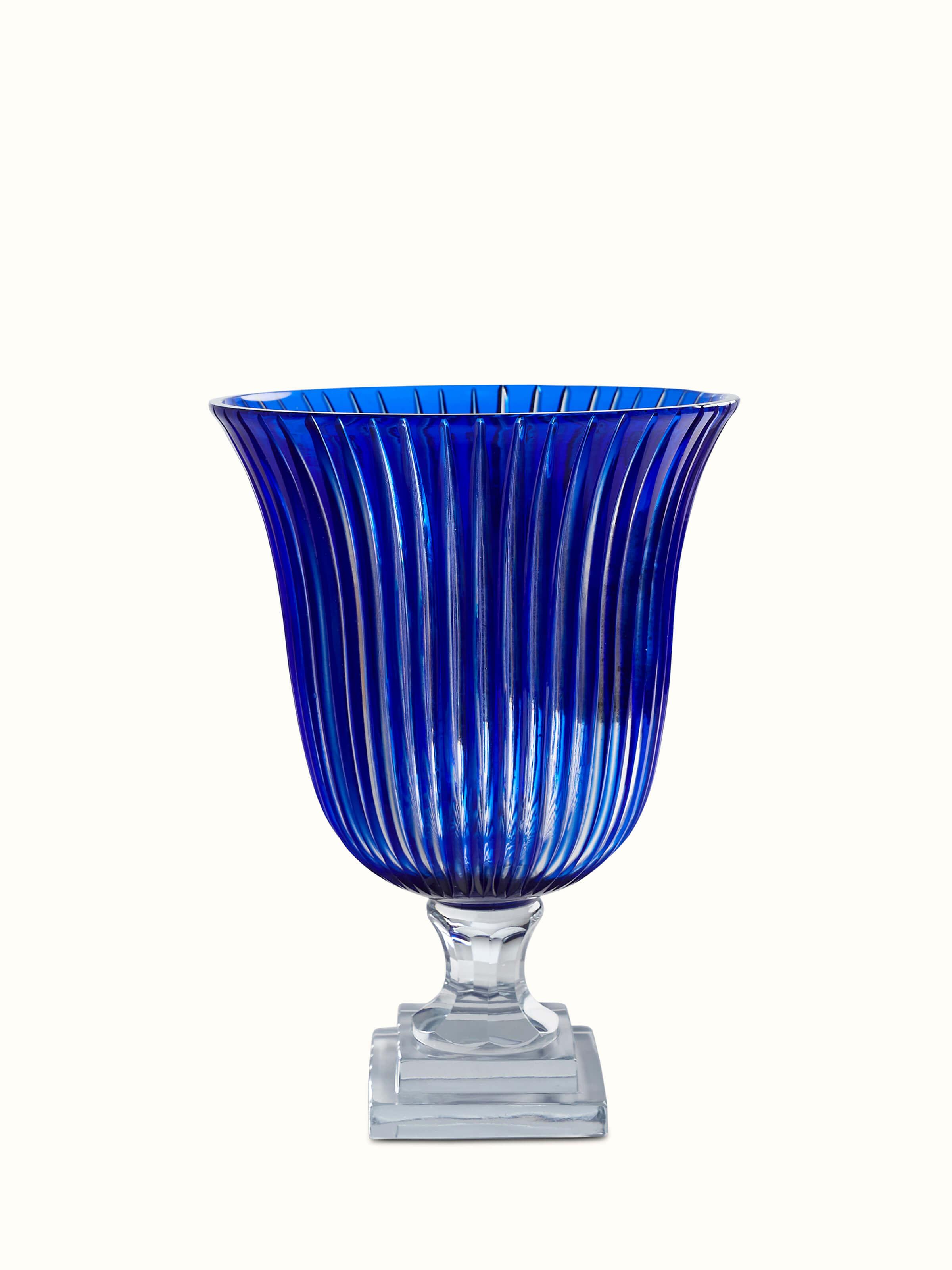 Front view of Blue Glass Table Vase showcasing its vibrant blue color and sleek design