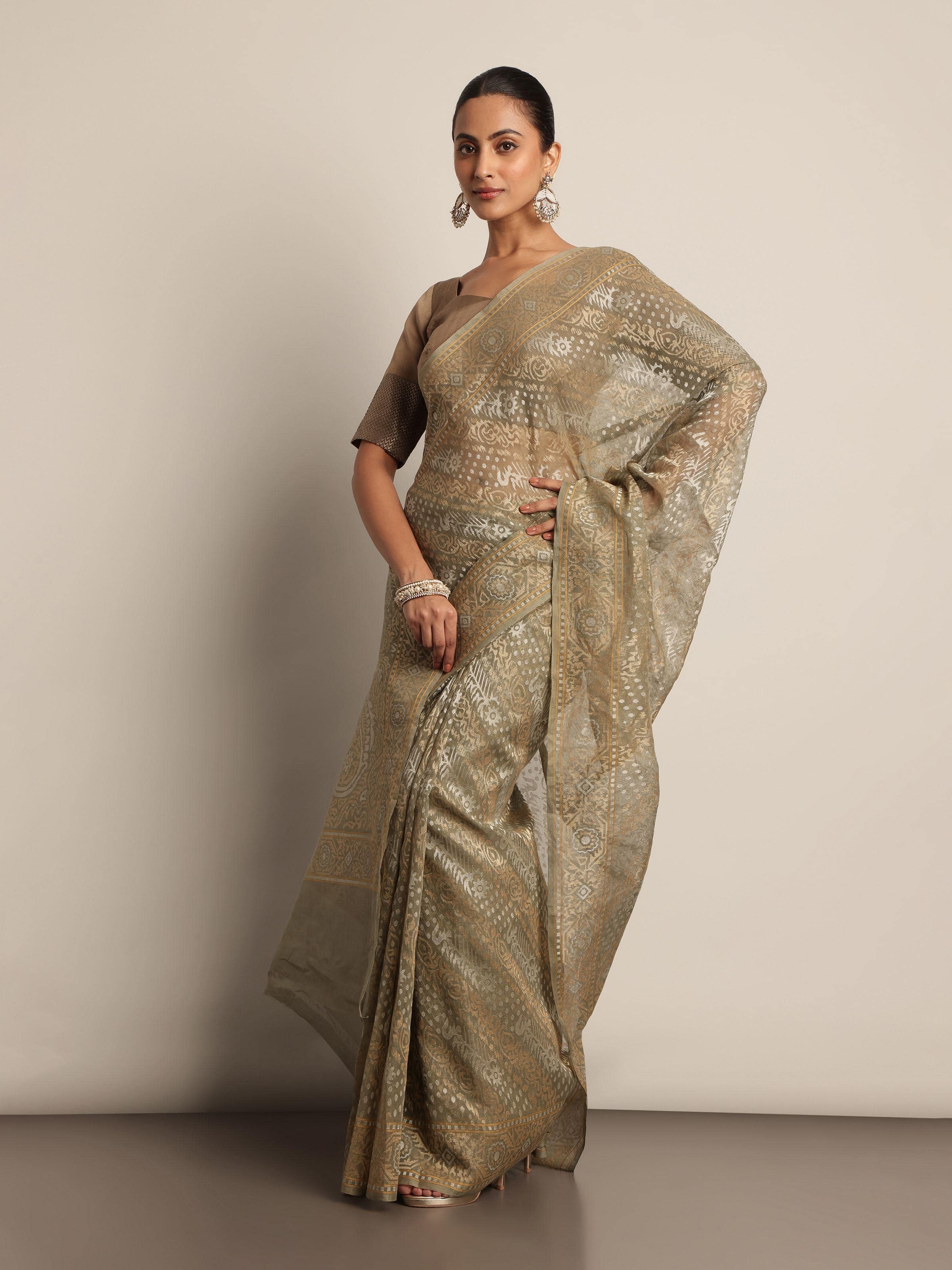 Green Cotton Awadh Jamdani Saree