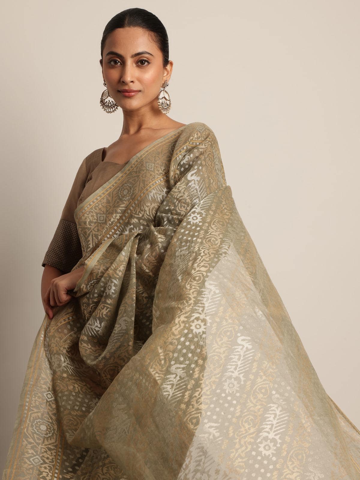 Green Cotton Awadh Jamdani Saree