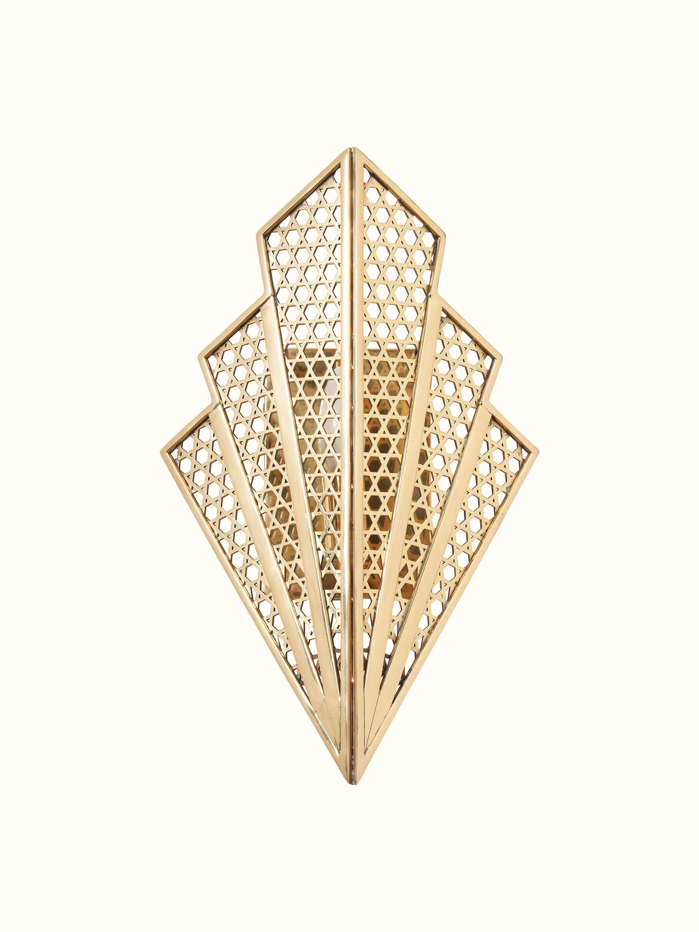Front view of Nakash Brass Galaxy Triangular Wall Light highlighting its unique geometric design and brass finish.