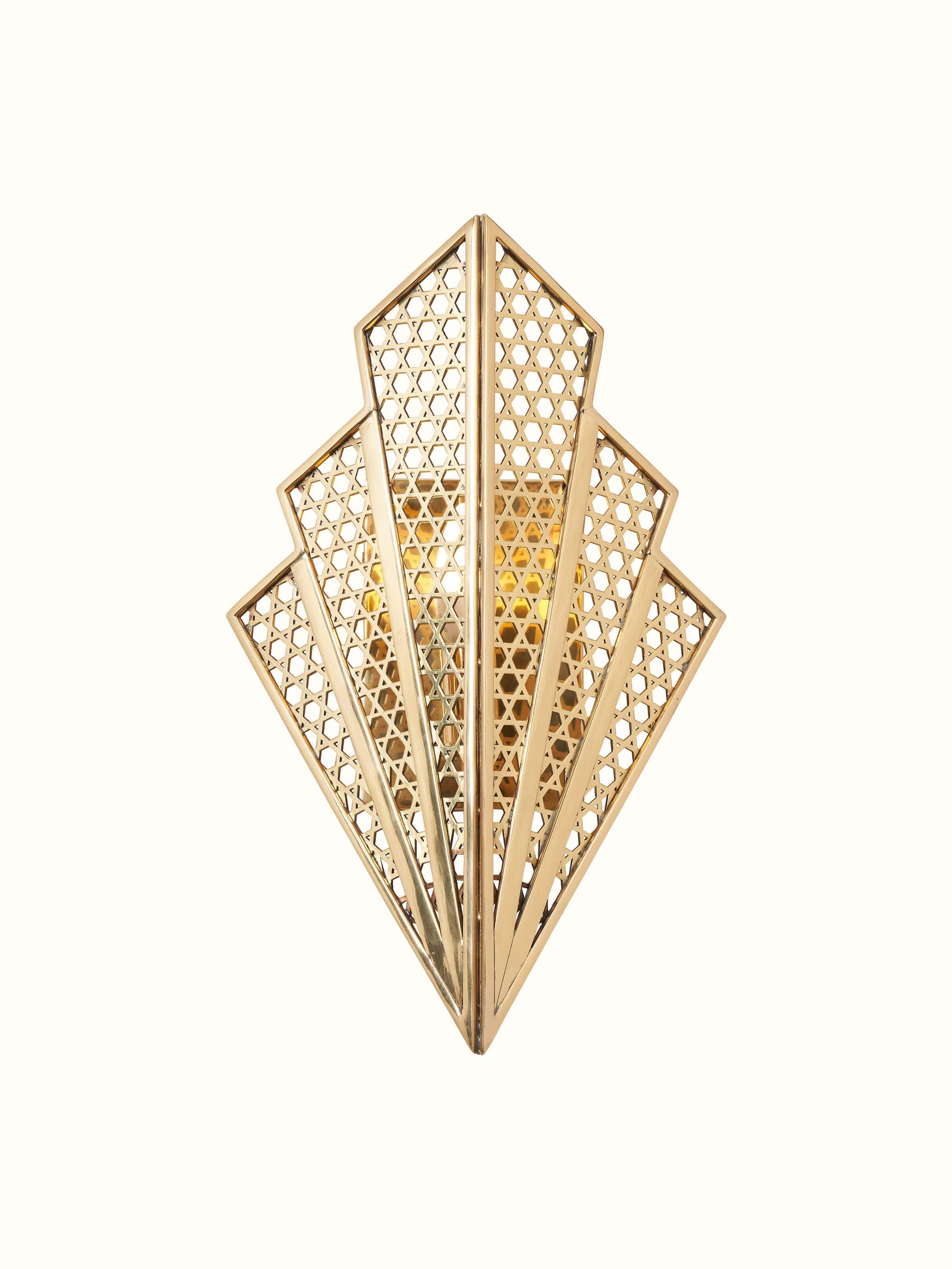 Alternate view of Nakash Brass Galaxy Triangular Wall Light showcasing its triangular shape and brass detailing.