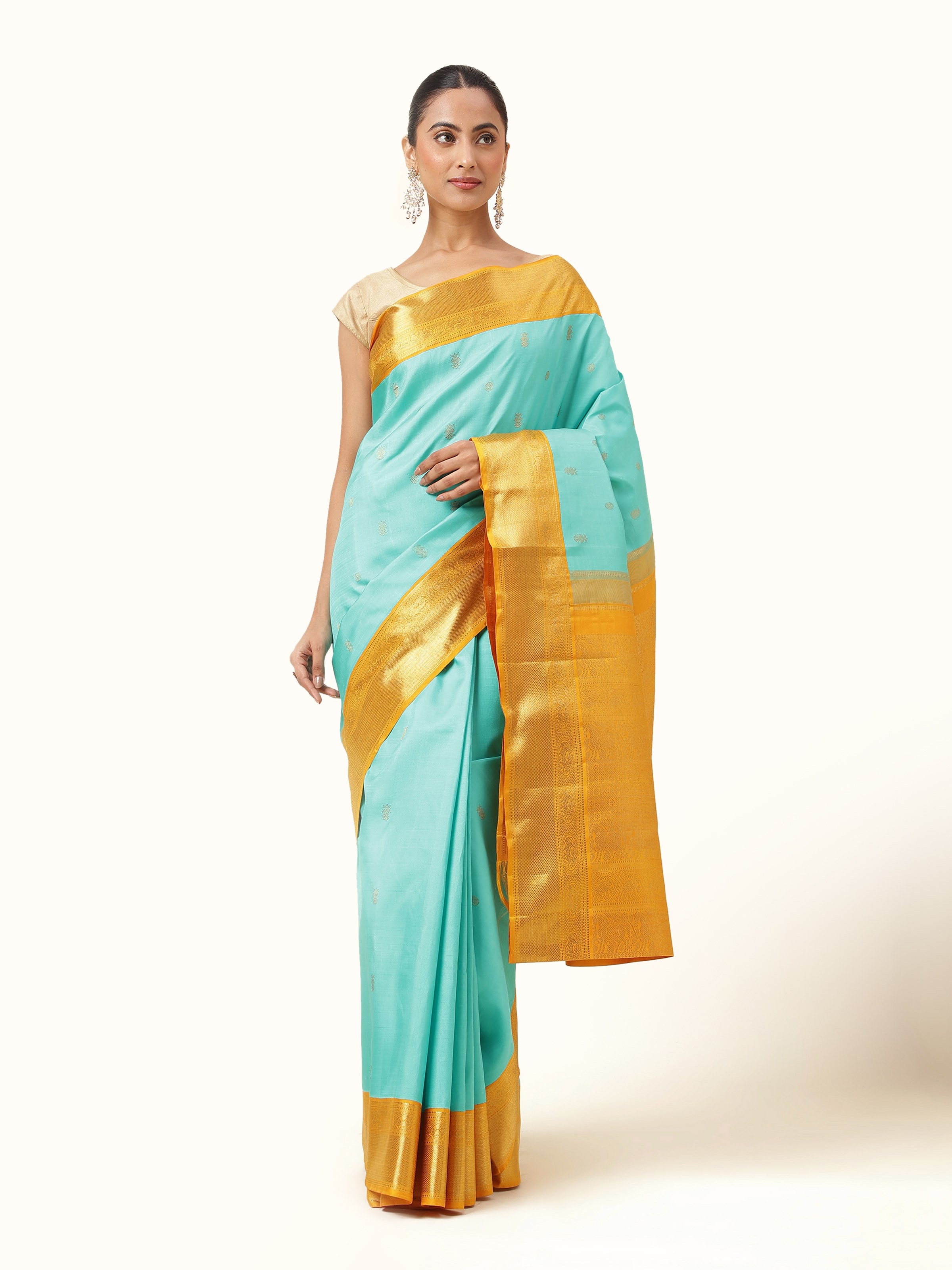Turquoise silk Kancheepuram saree with rich weave - front view