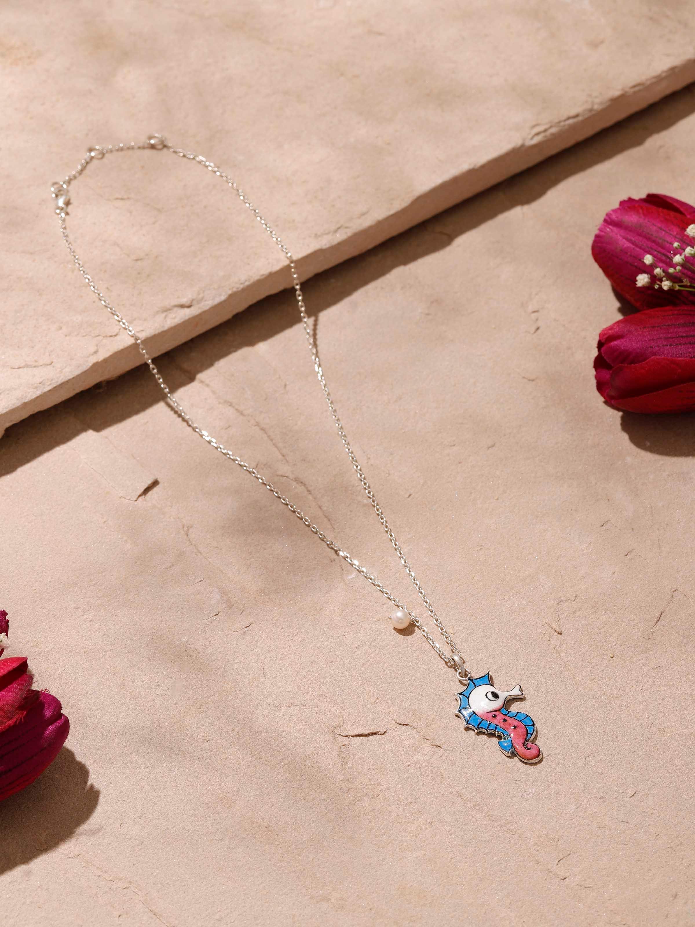 Close-up of Gulabi Meenakari Silver Pendant & Chain by Swadesh focusing on colorful meenakari design and silver pendant details