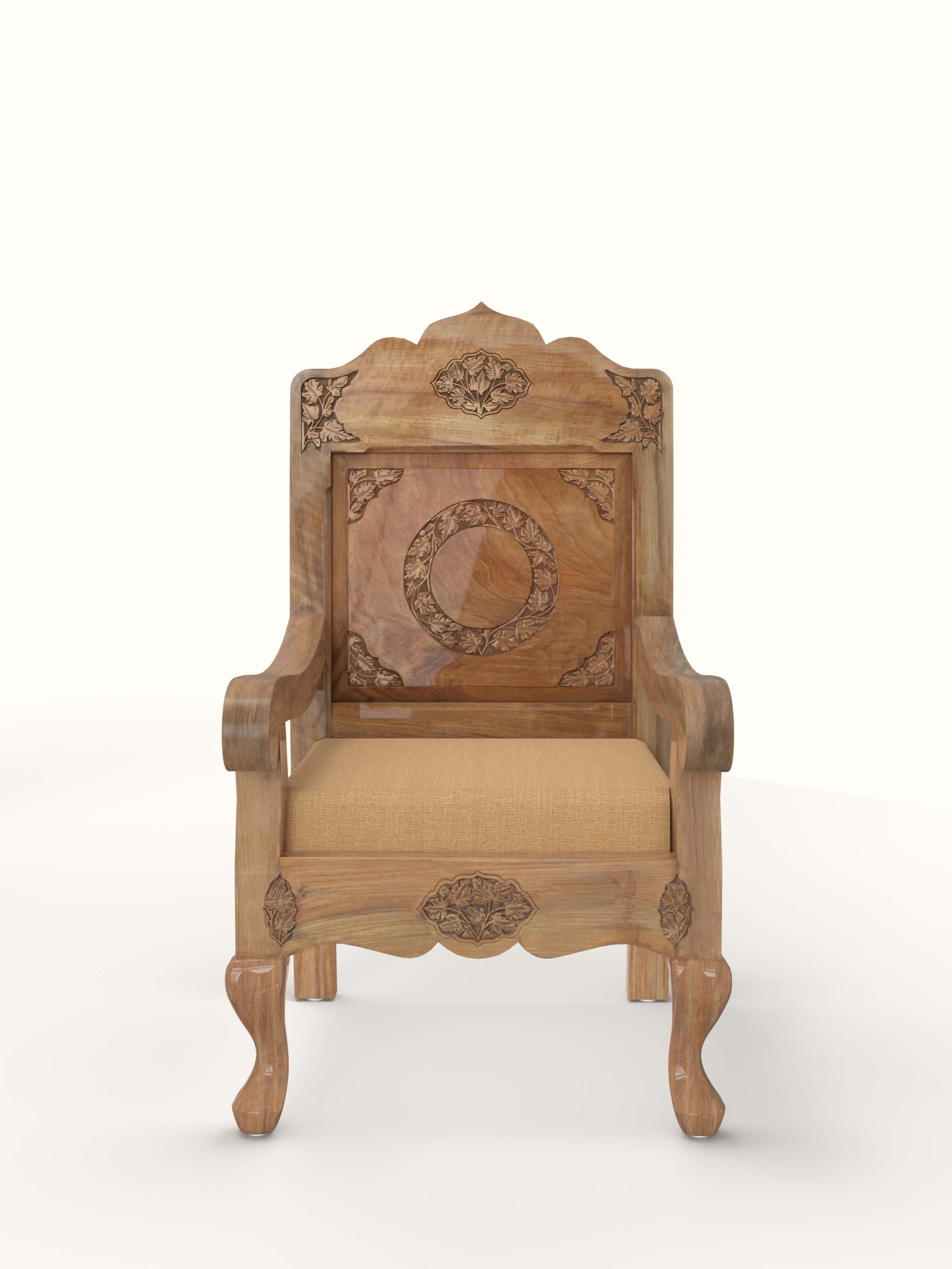 Yellow Boucle Fabric Upholstered Carved Walnut Wood Armchair