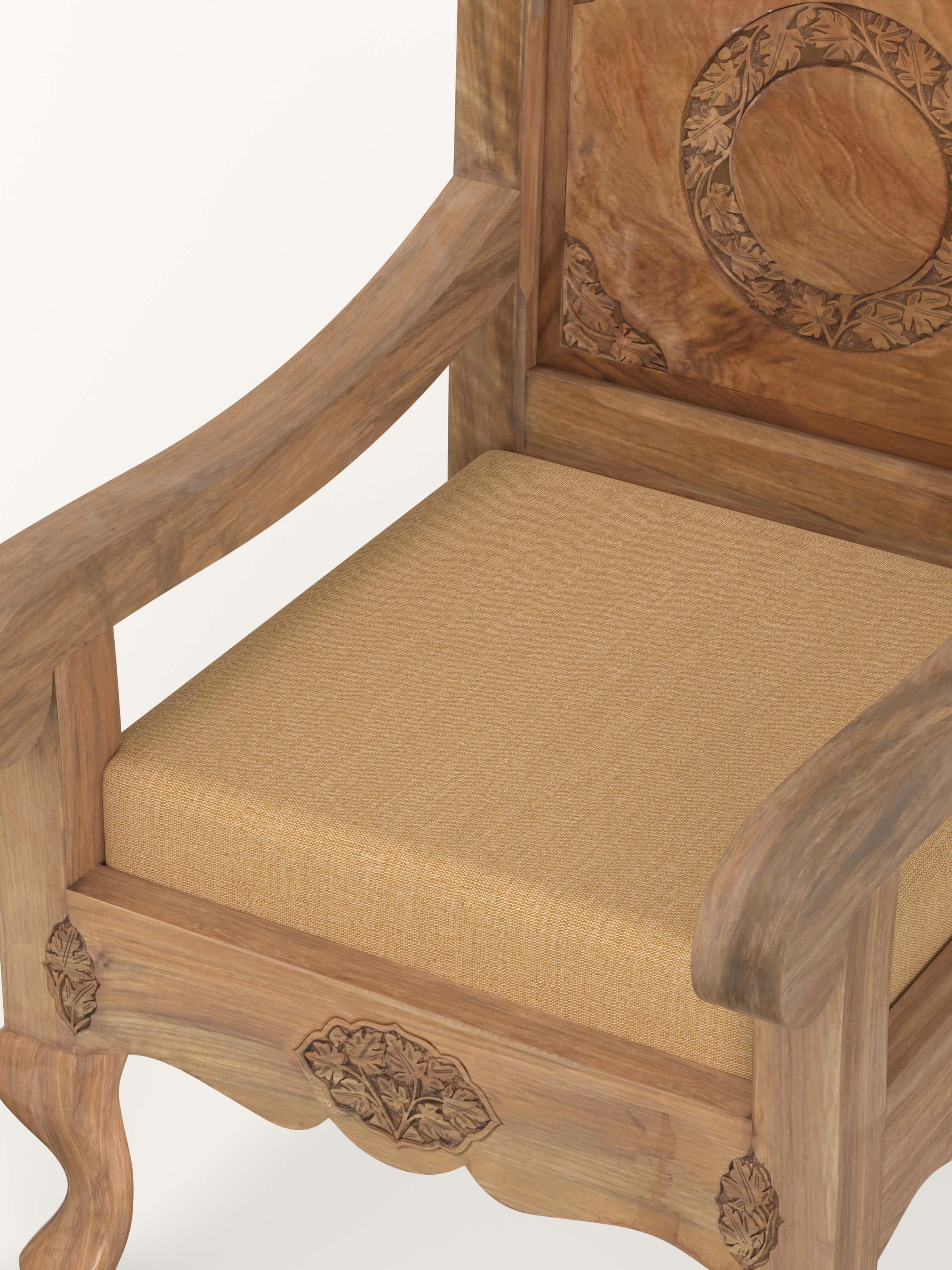 Yellow Boucle Fabric Upholstered Carved Walnut Wood Armchair