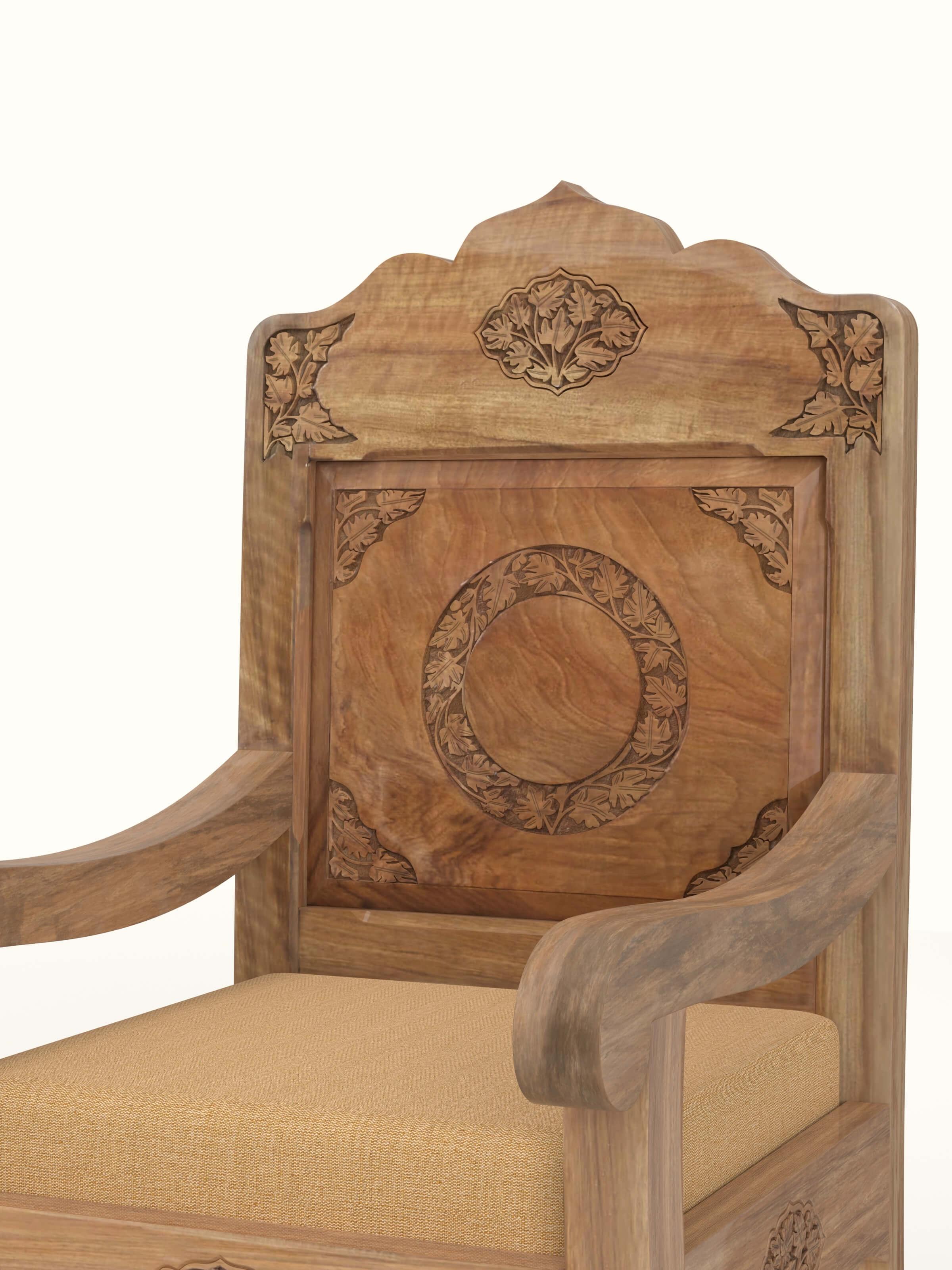 Yellow Boucle Fabric Upholstered Carved Walnut Wood Armchair