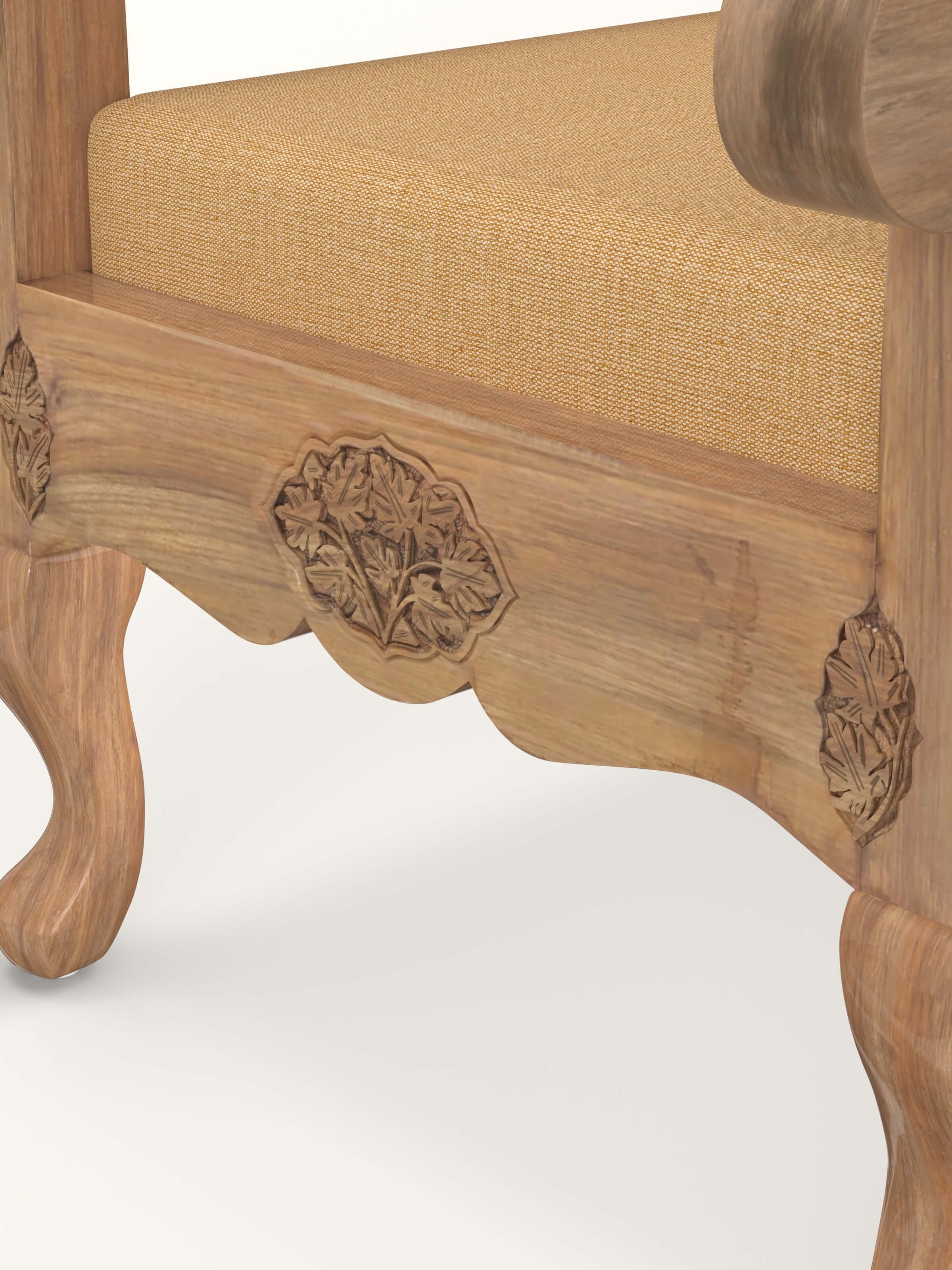 Yellow Boucle Fabric Upholstered Carved Walnut Wood Armchair