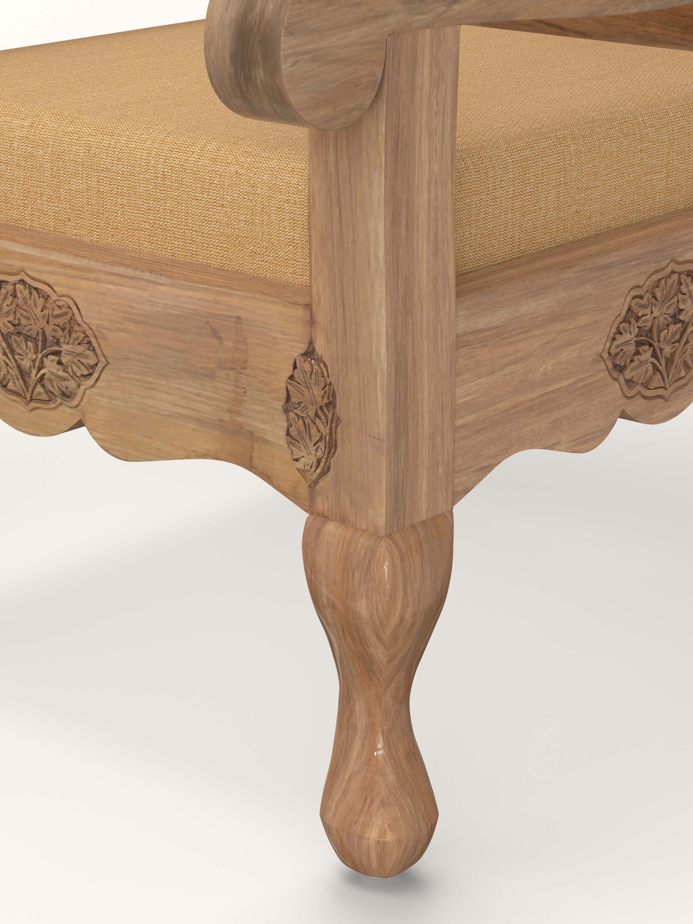Yellow Boucle Fabric Upholstered Carved Walnut Wood Armchair