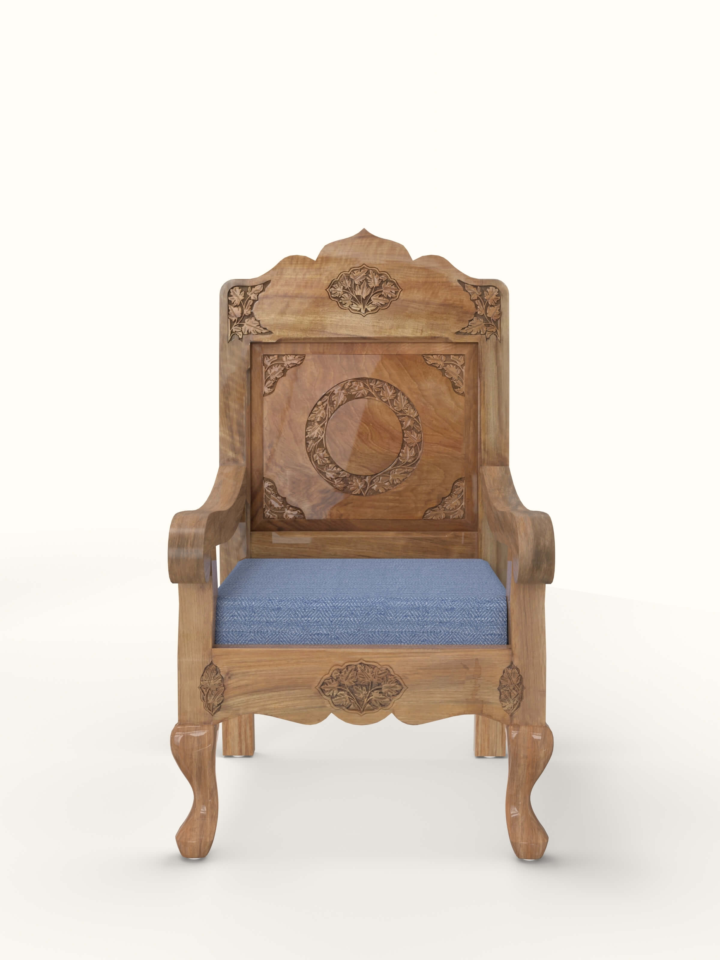 Blue Chevron Fabric Upholstered Carved Walnut Wood Armchair