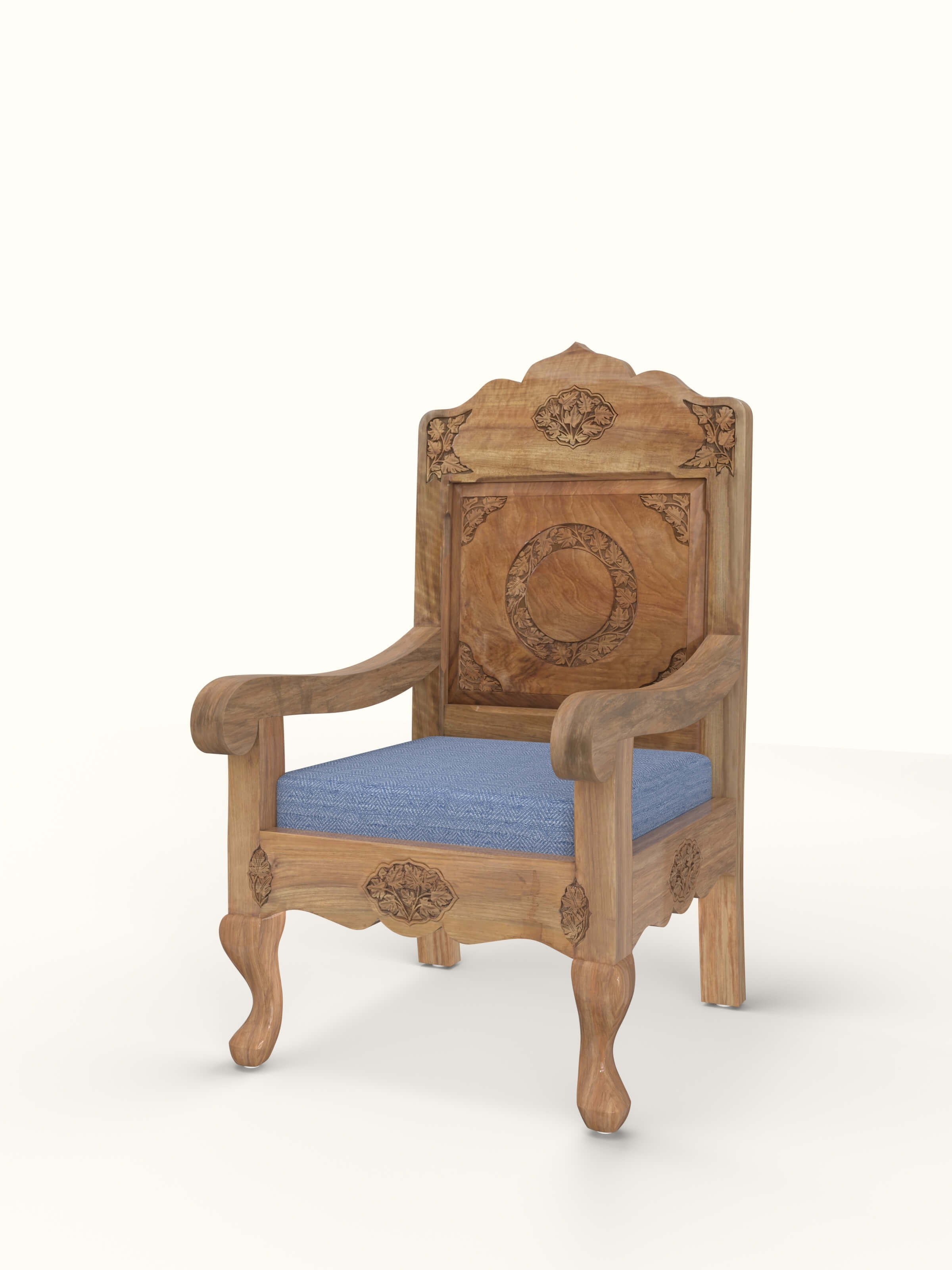 Blue Chevron Fabric Upholstered Carved Walnut Wood Armchair