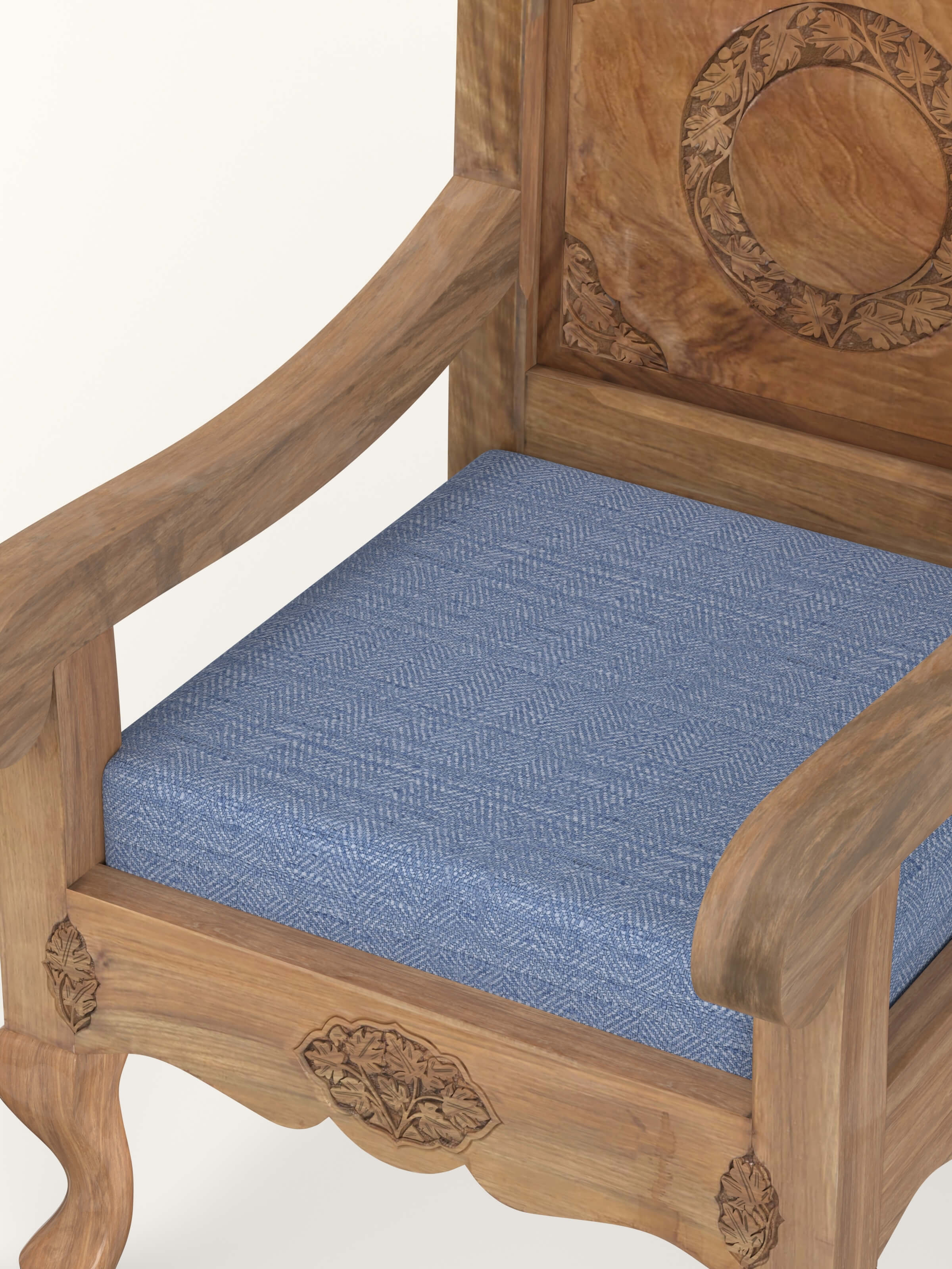 Blue Chevron Fabric Upholstered Carved Walnut Wood Armchair
