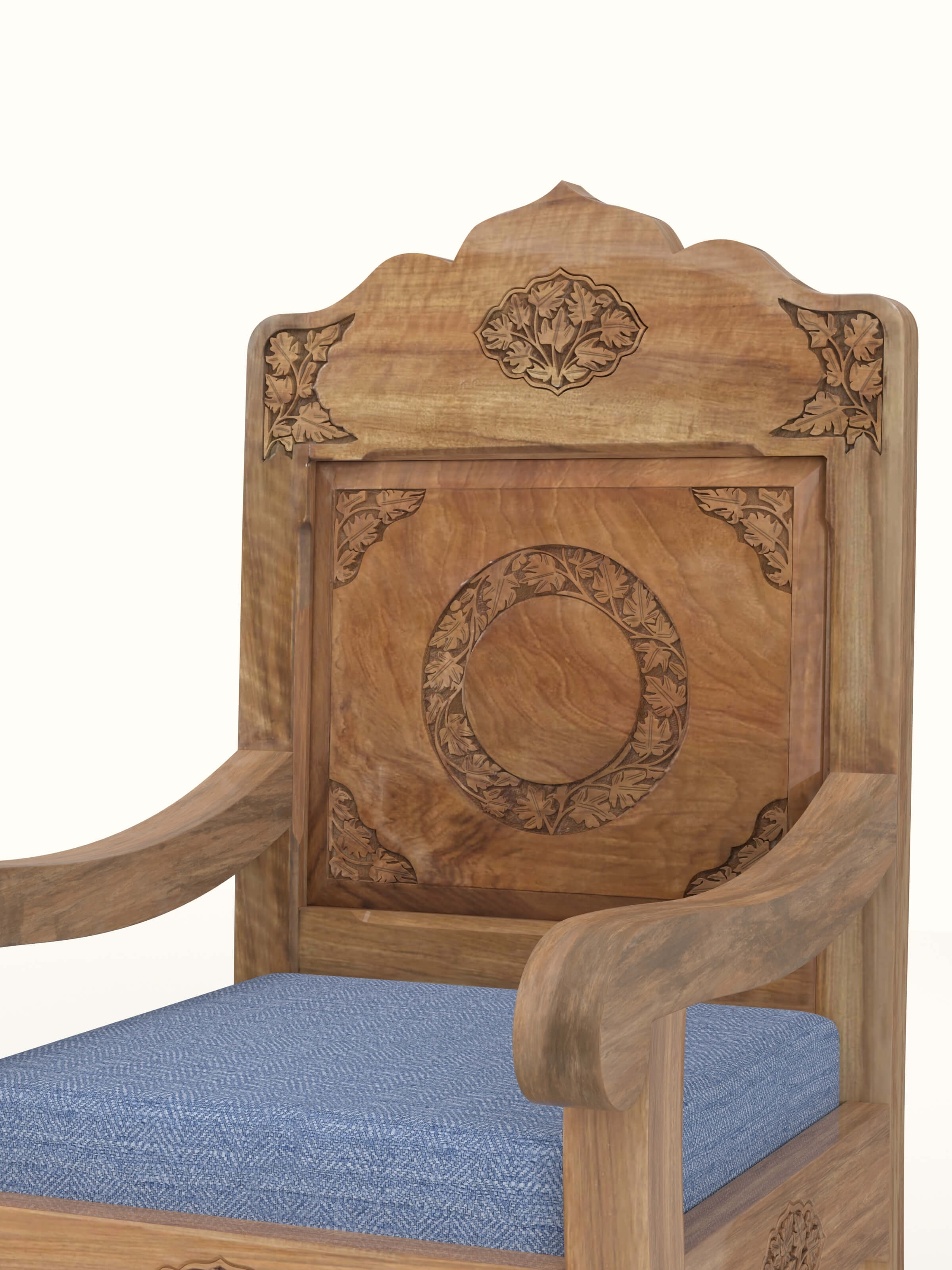 Blue Chevron Fabric Upholstered Carved Walnut Wood Armchair