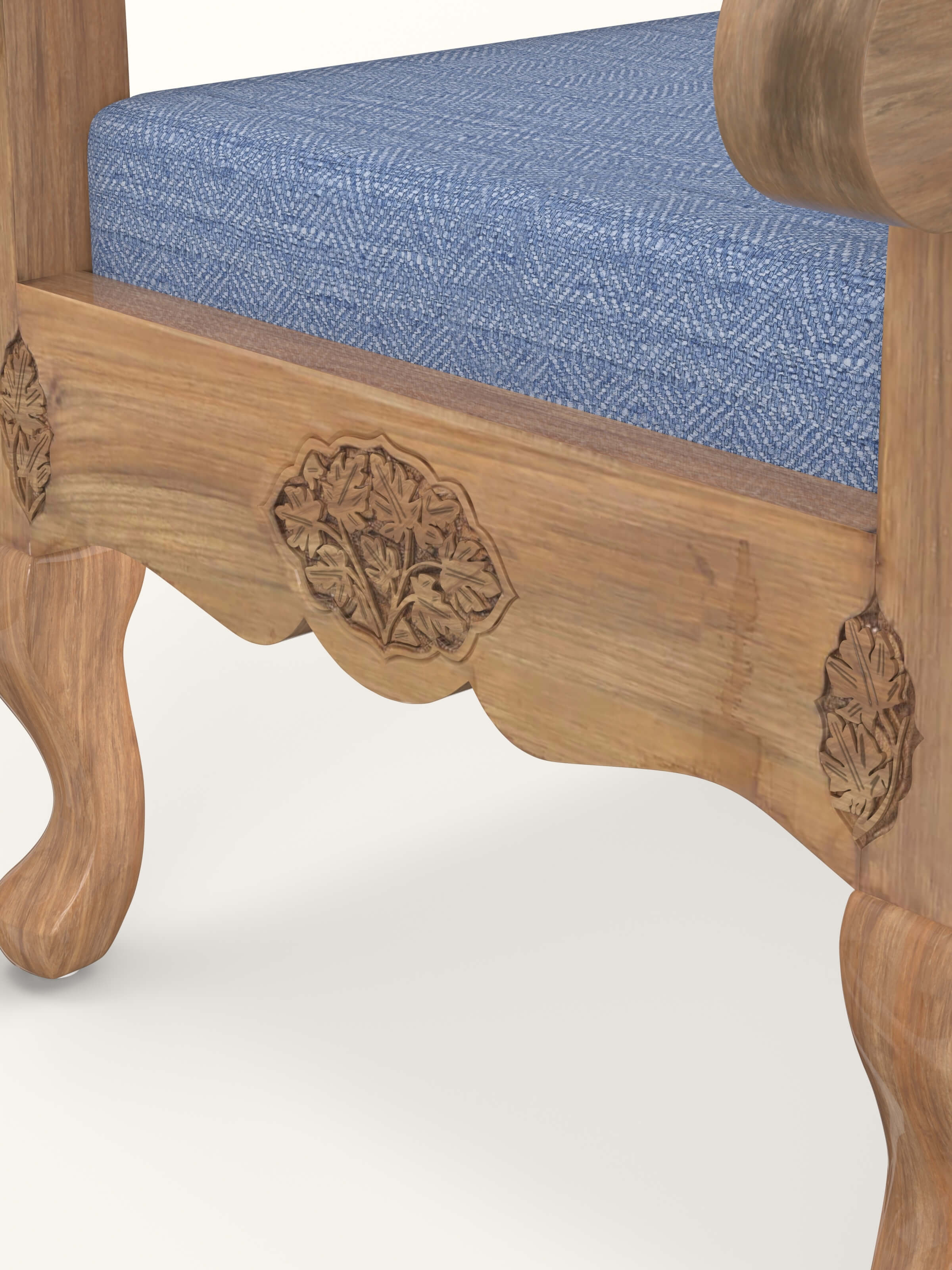 Blue Chevron Fabric Upholstered Carved Walnut Wood Armchair