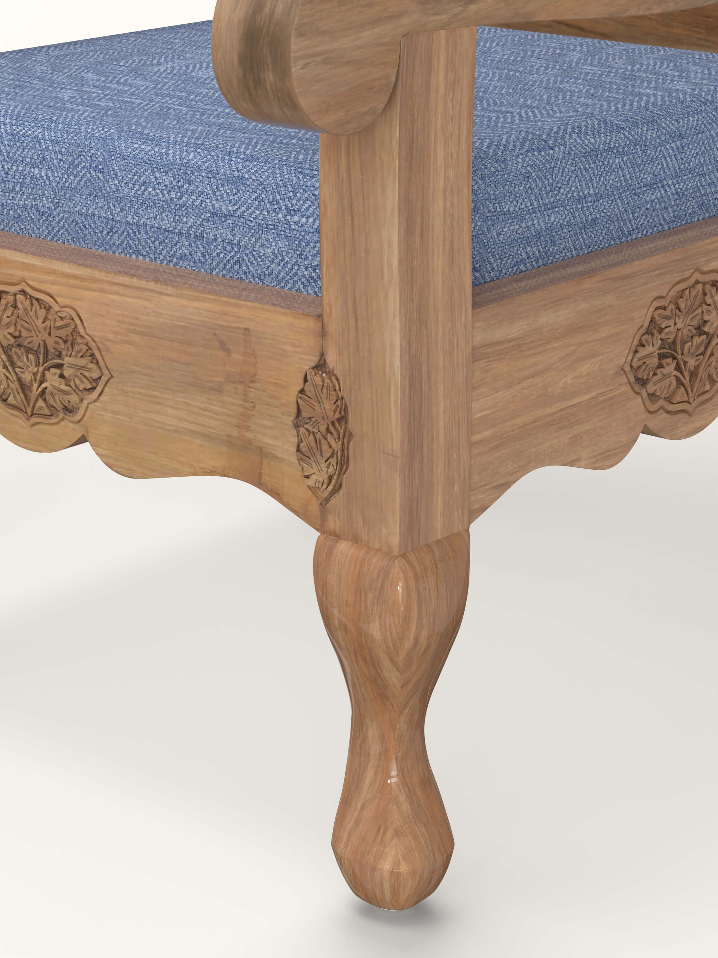 Blue Chevron Fabric Upholstered Carved Walnut Wood Armchair