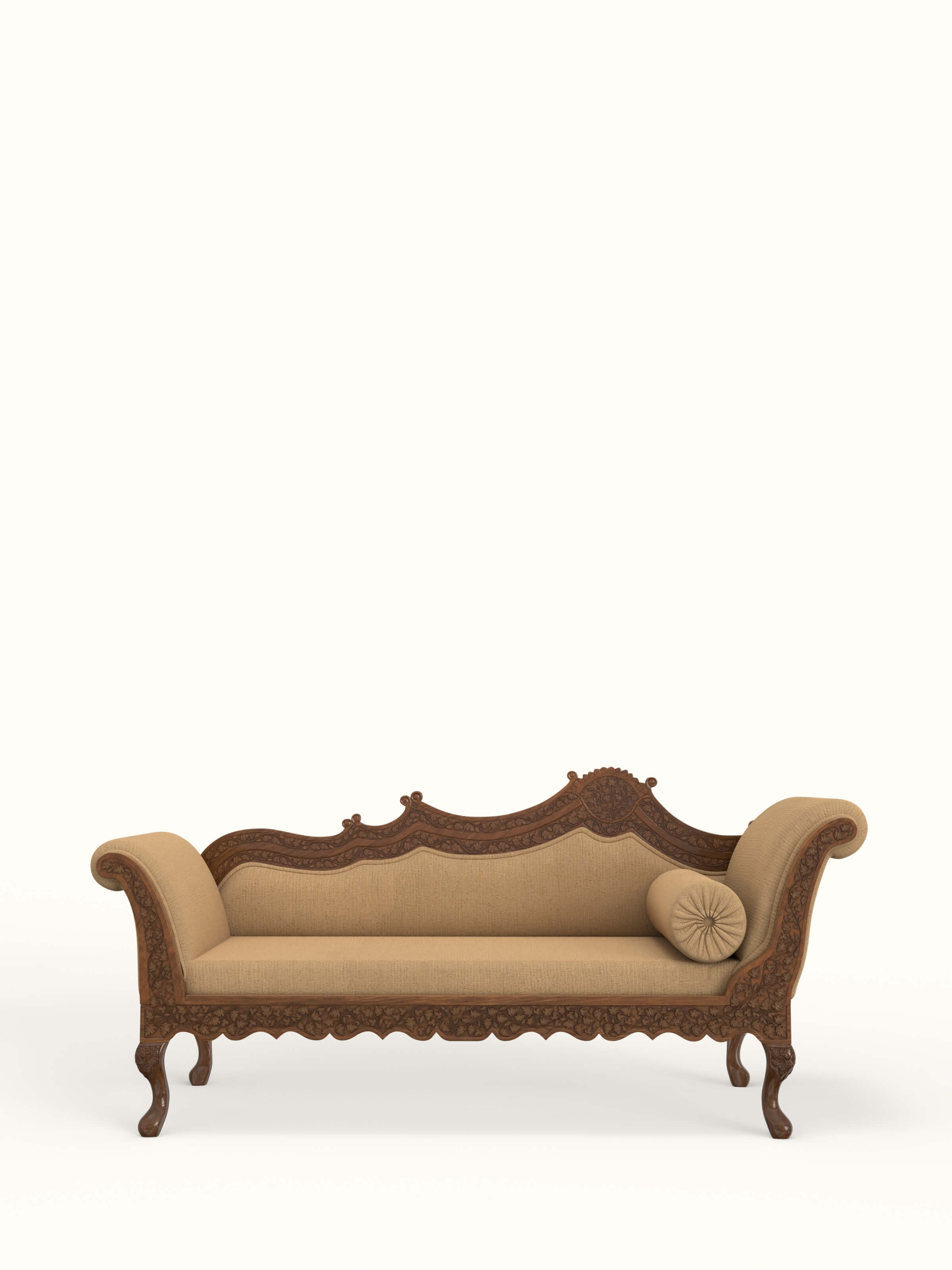 Yellow Boucle Fabric Upholstered Carved Walnut Wood Daybed