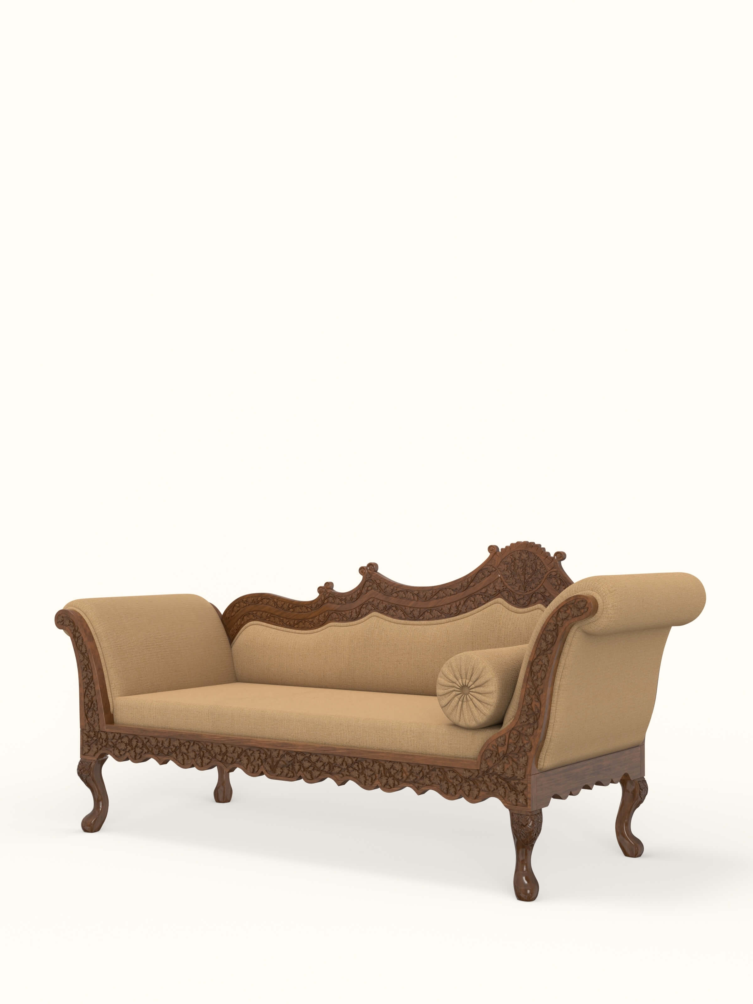 Yellow Boucle Fabric Upholstered Carved Walnut Wood Daybed