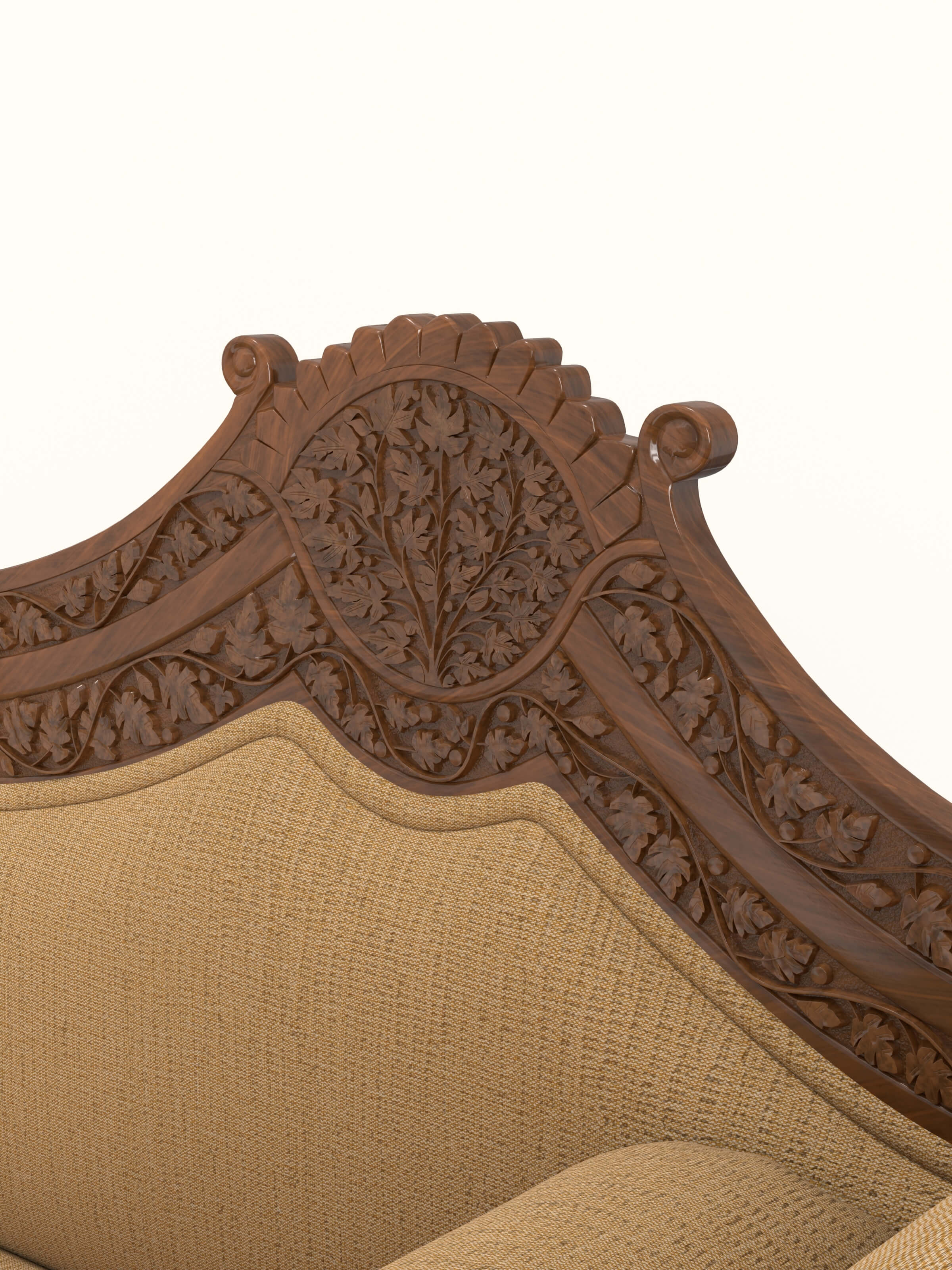 Yellow Boucle Fabric Upholstered Carved Walnut Wood Daybed
