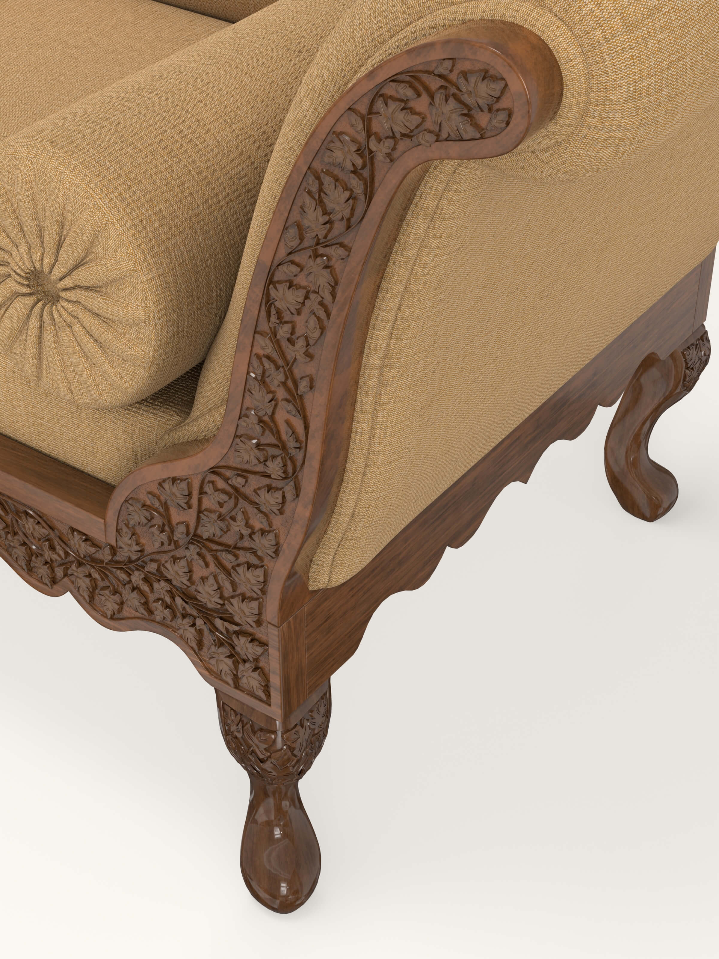 Yellow Boucle Fabric Upholstered Carved Walnut Wood Daybed