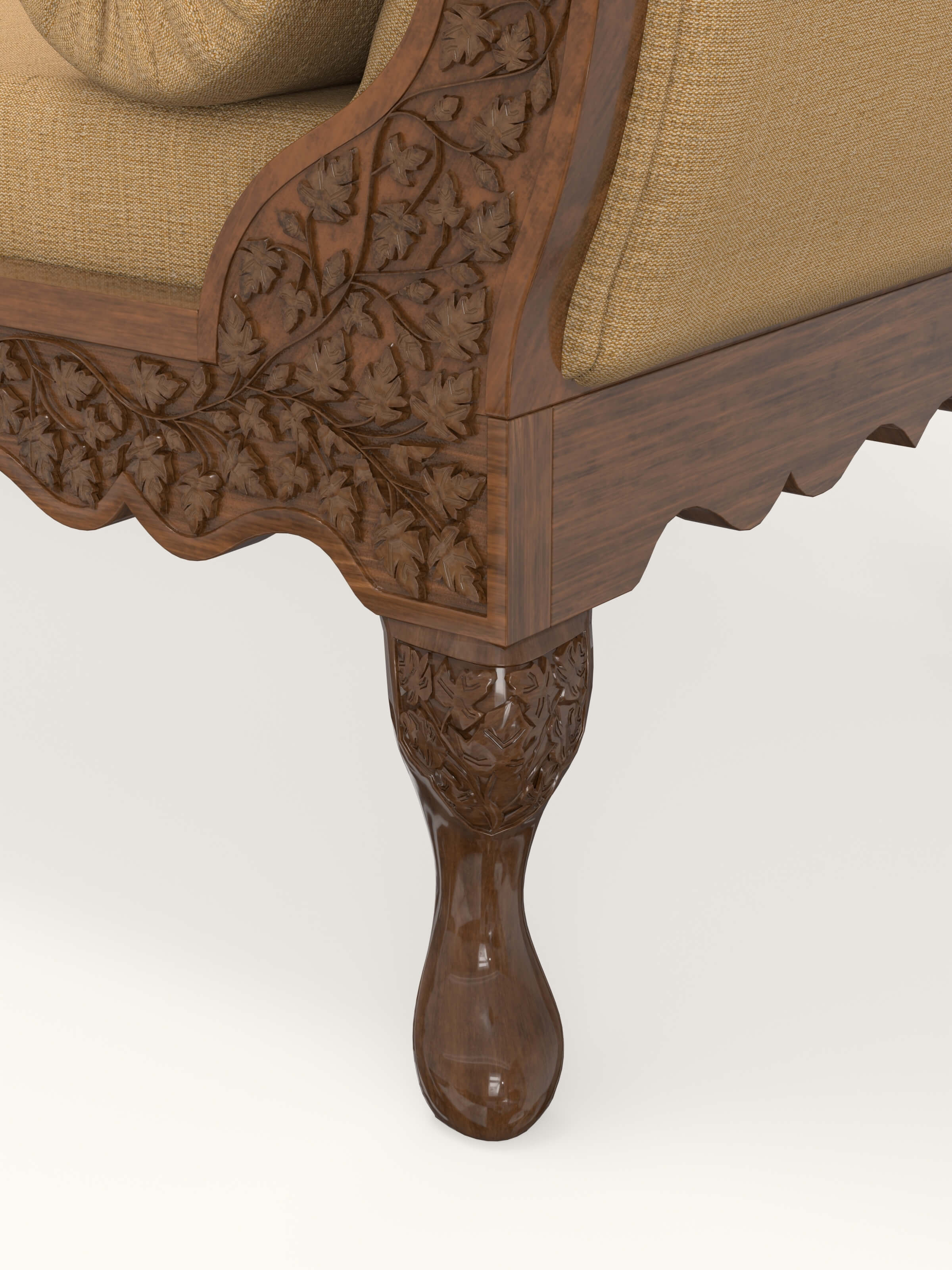 Yellow Boucle Fabric Upholstered Carved Walnut Wood Daybed