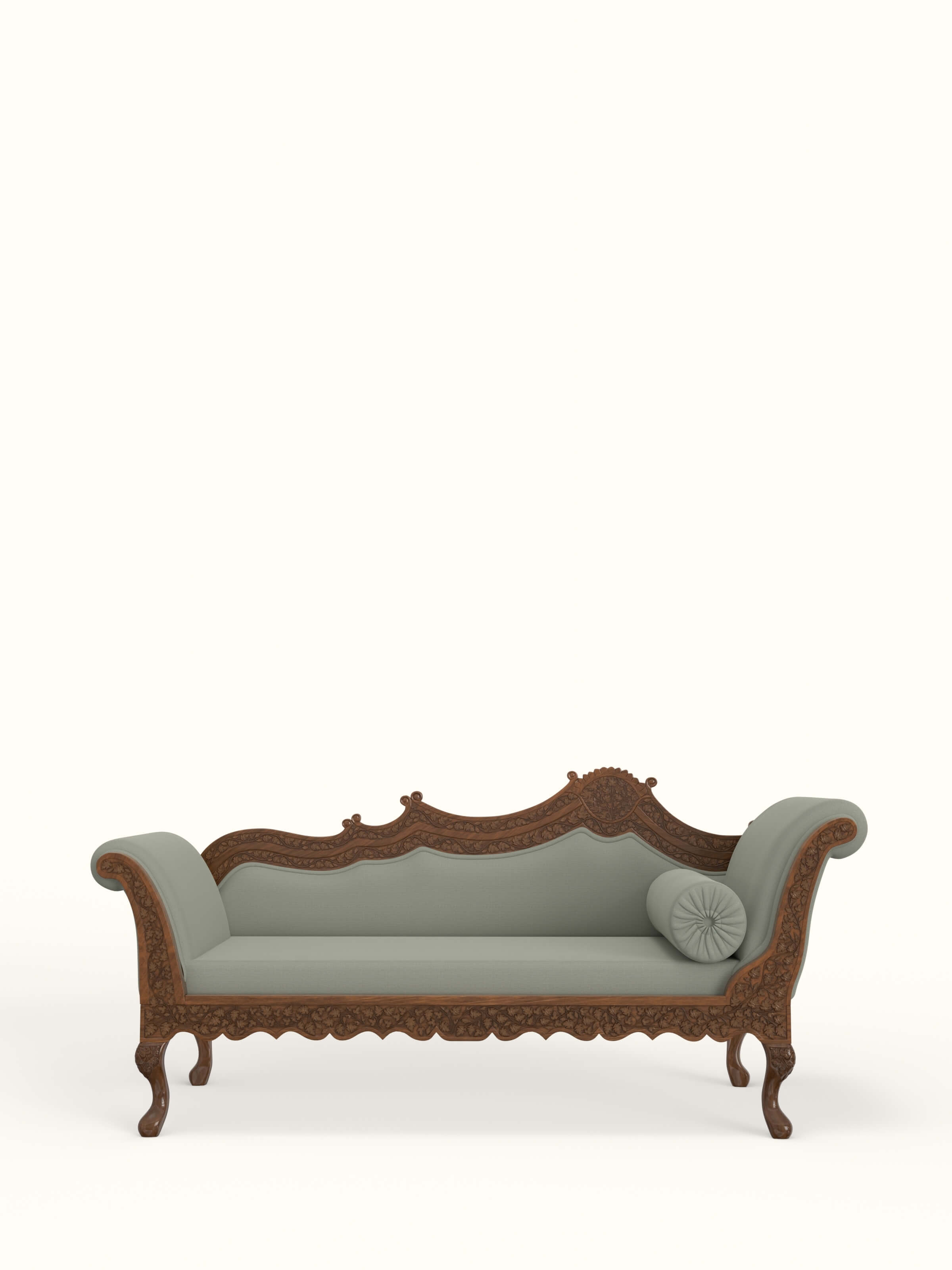Beige Woven Fabric Upholstered Carved Walnut Wood Daybed