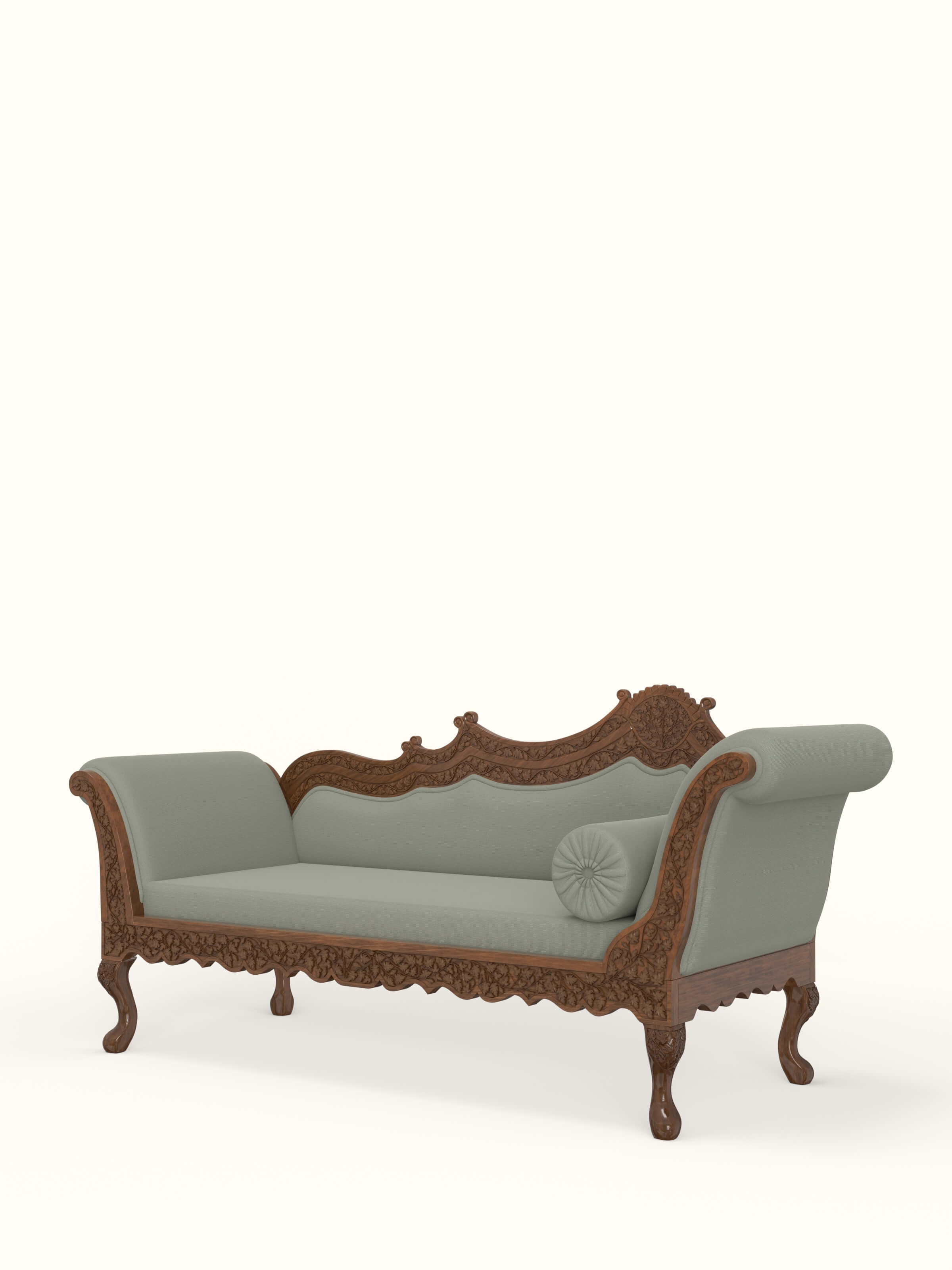 Beige Woven Fabric Upholstered Carved Walnut Wood Daybed