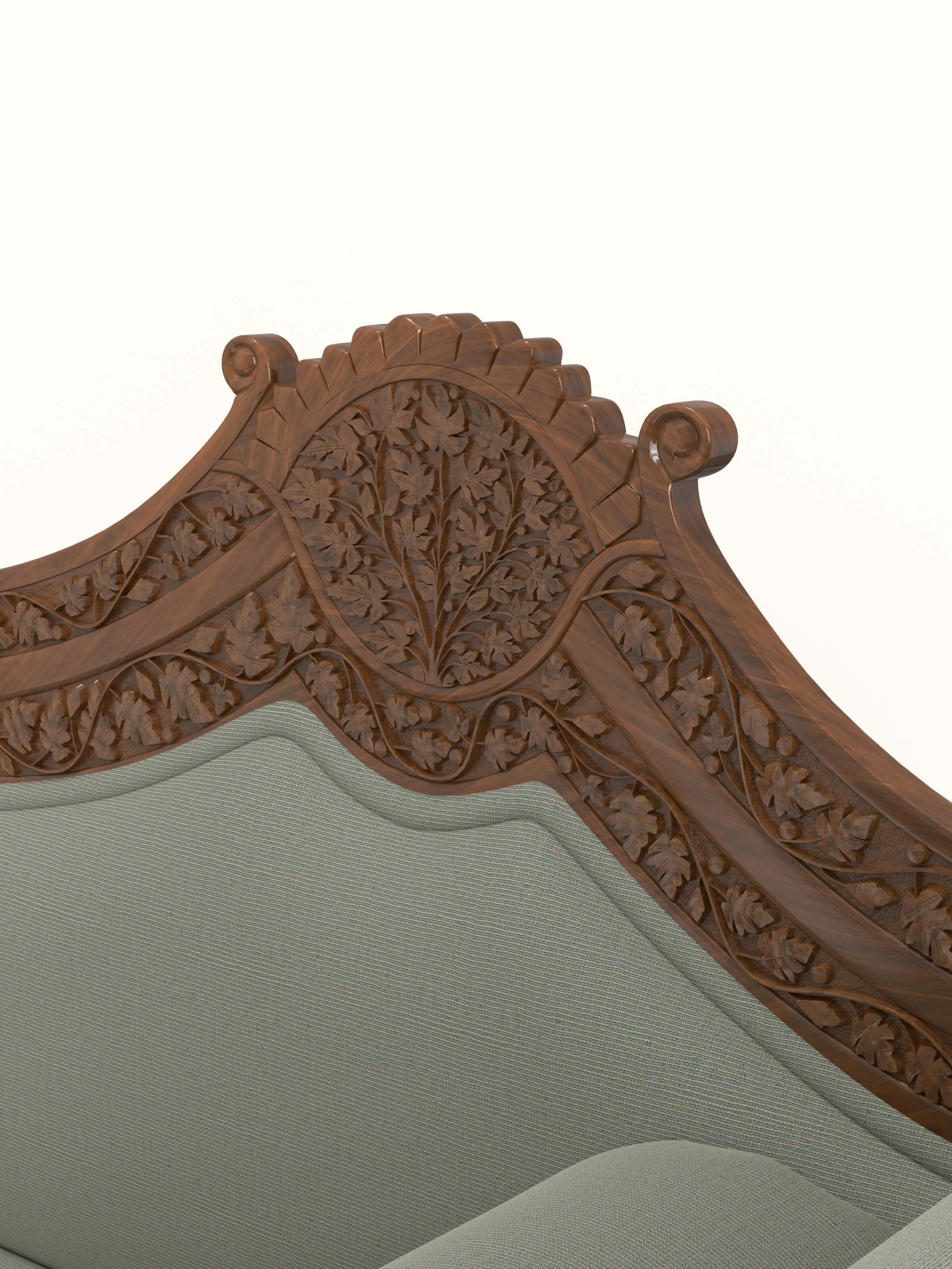 Beige Woven Fabric Upholstered Carved Walnut Wood Daybed