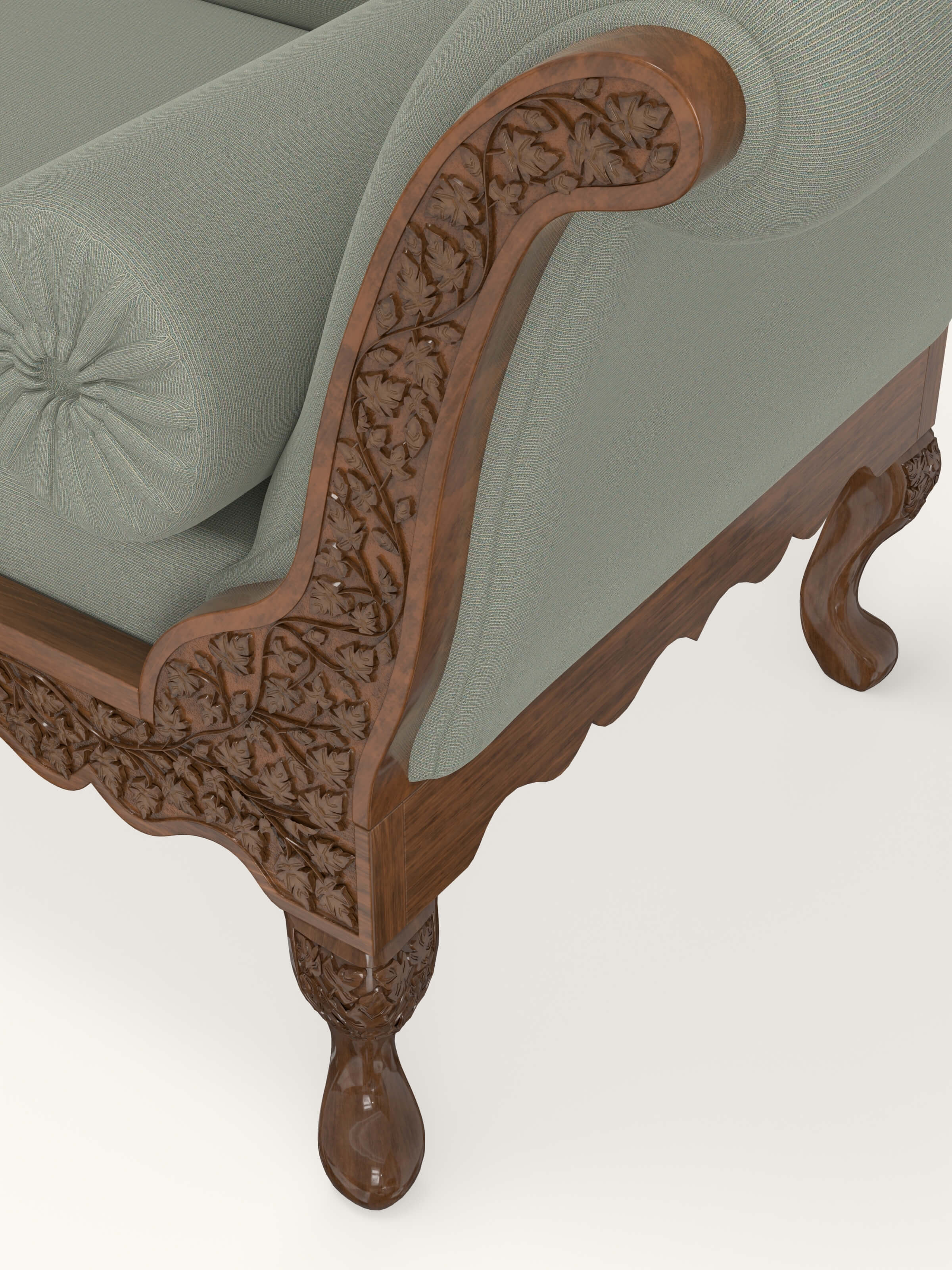Beige Woven Fabric Upholstered Carved Walnut Wood Daybed