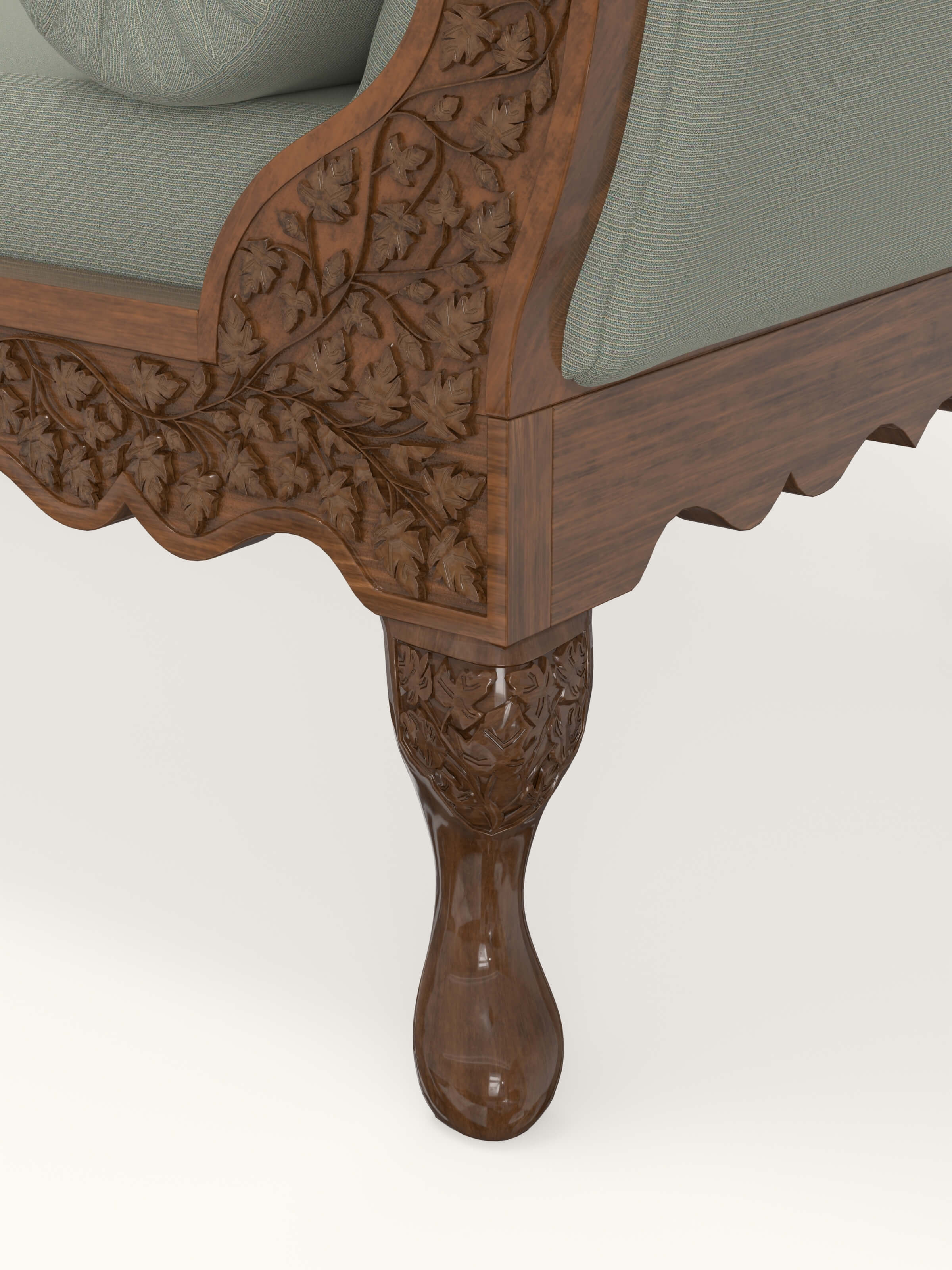 Beige Woven Fabric Upholstered Carved Walnut Wood Daybed
