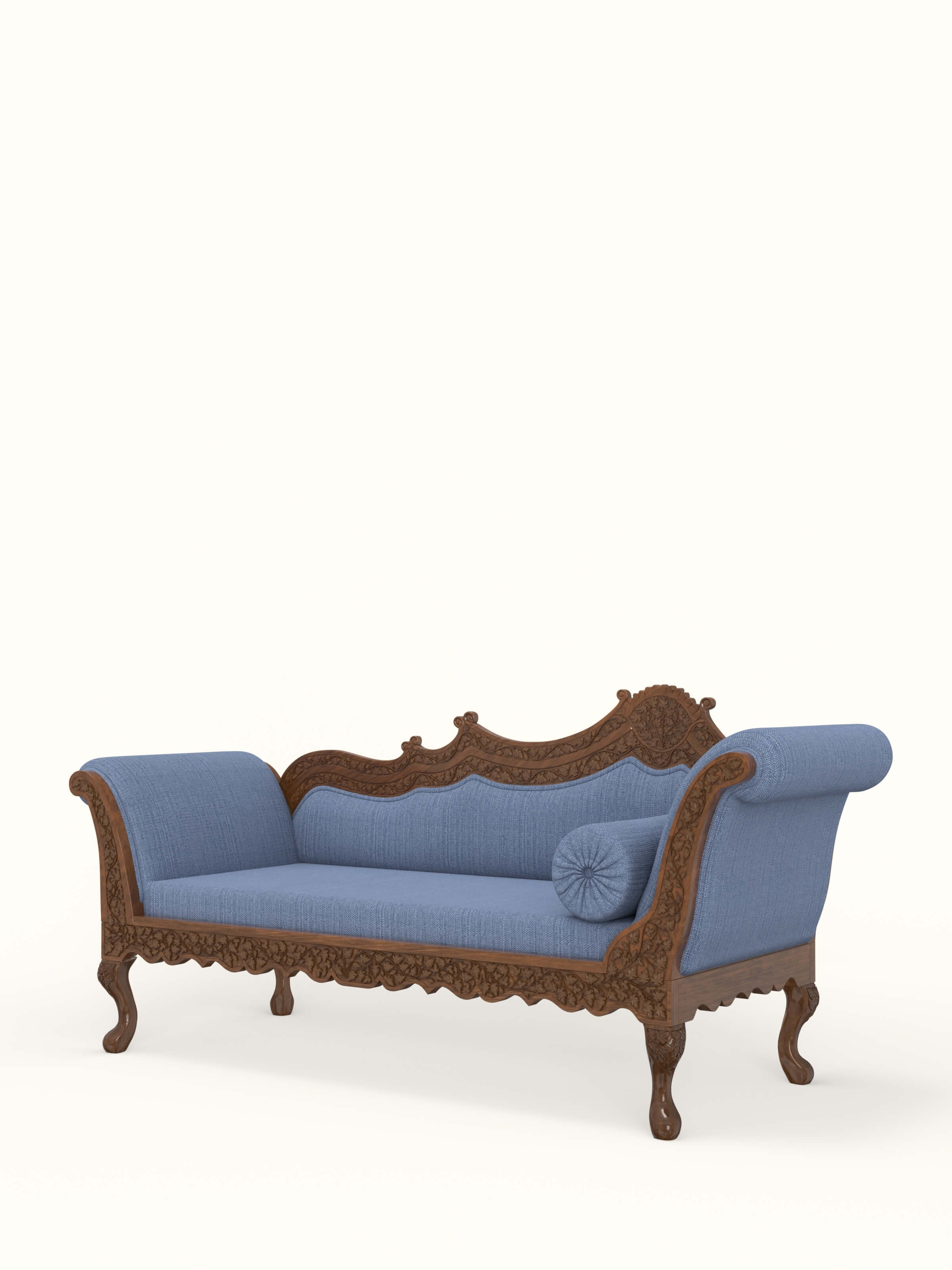 Blue Chevron Fabric Upholstered Carved Walnut Wood Daybed
