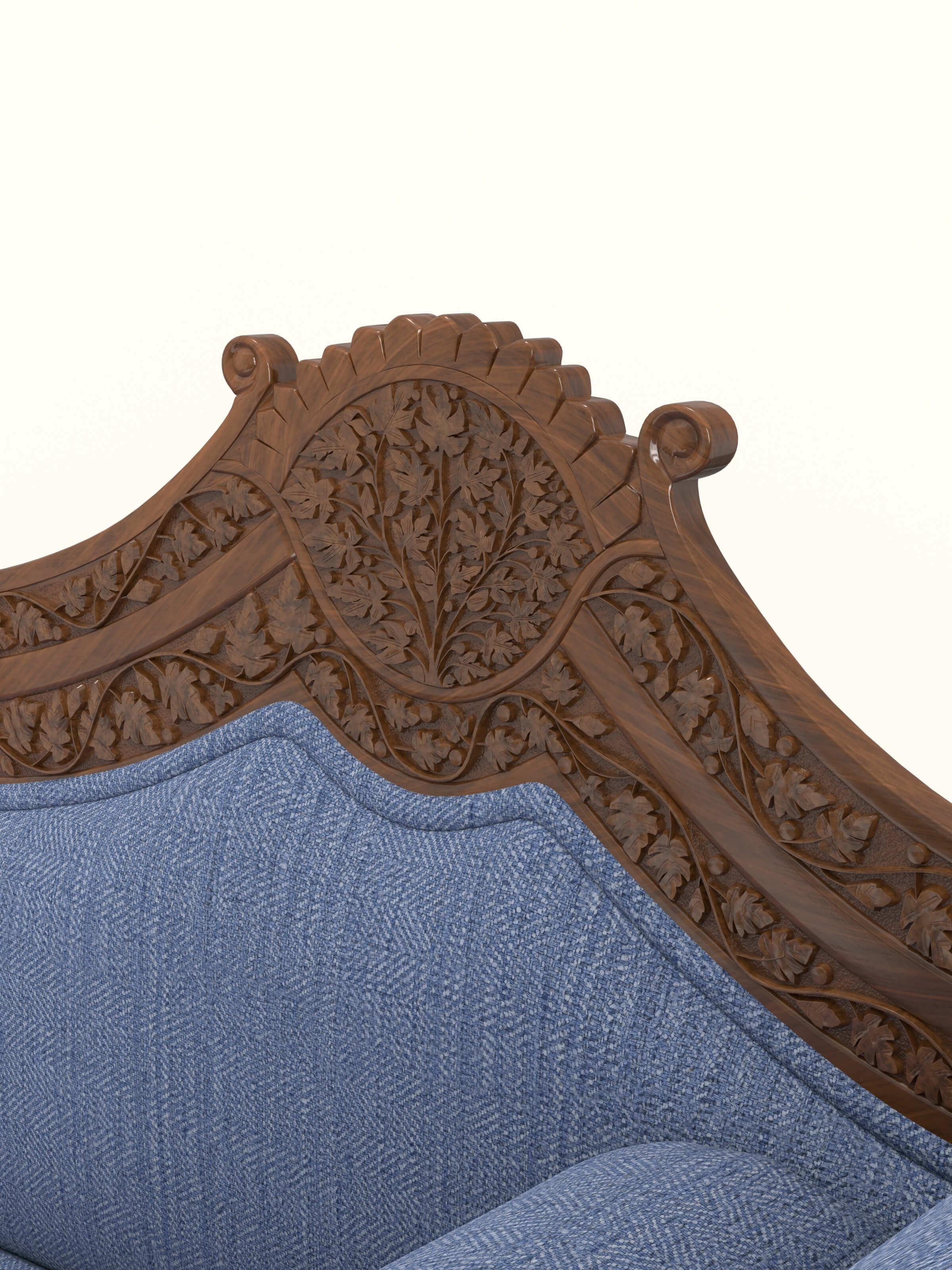 Blue Chevron Fabric Upholstered Carved Walnut Wood Daybed