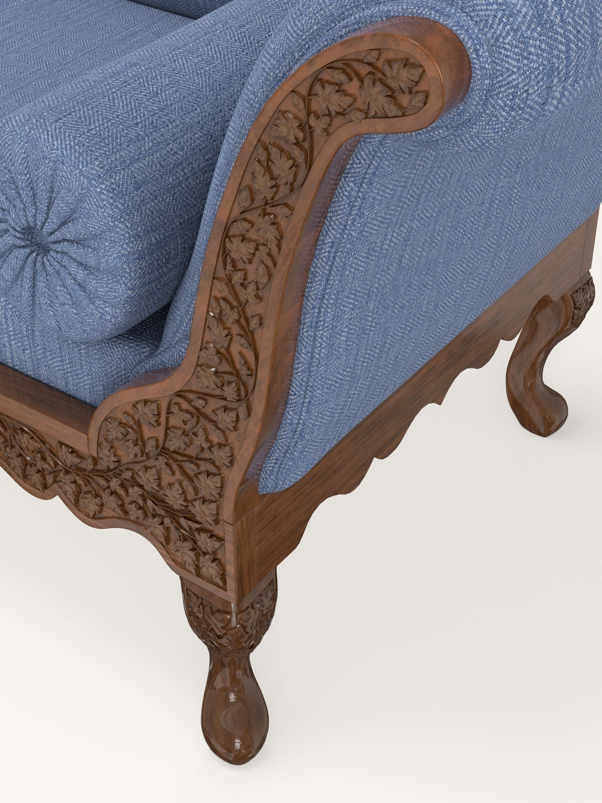 Blue Chevron Fabric Upholstered Carved Walnut Wood Daybed