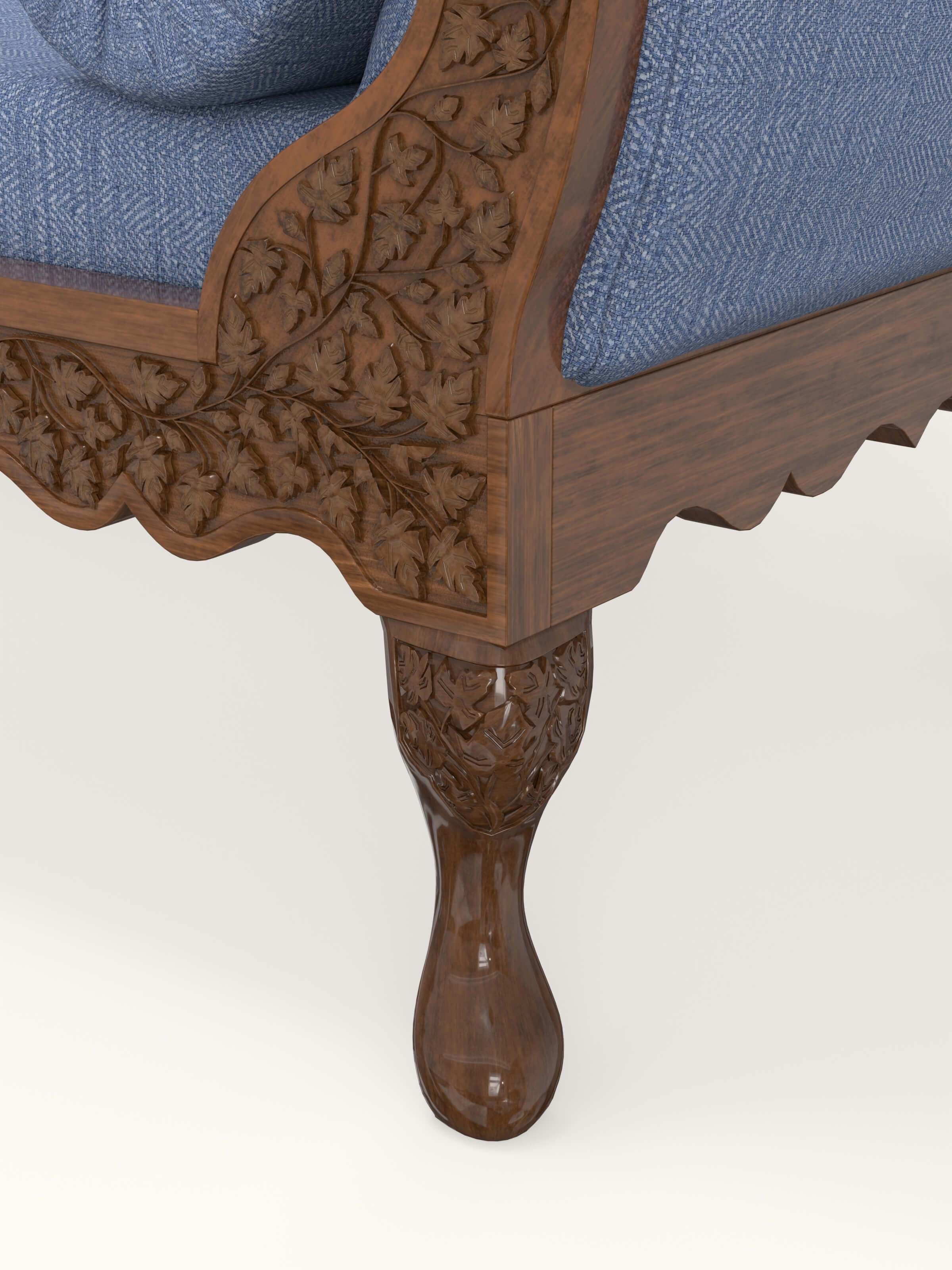 Blue Chevron Fabric Upholstered Carved Walnut Wood Daybed