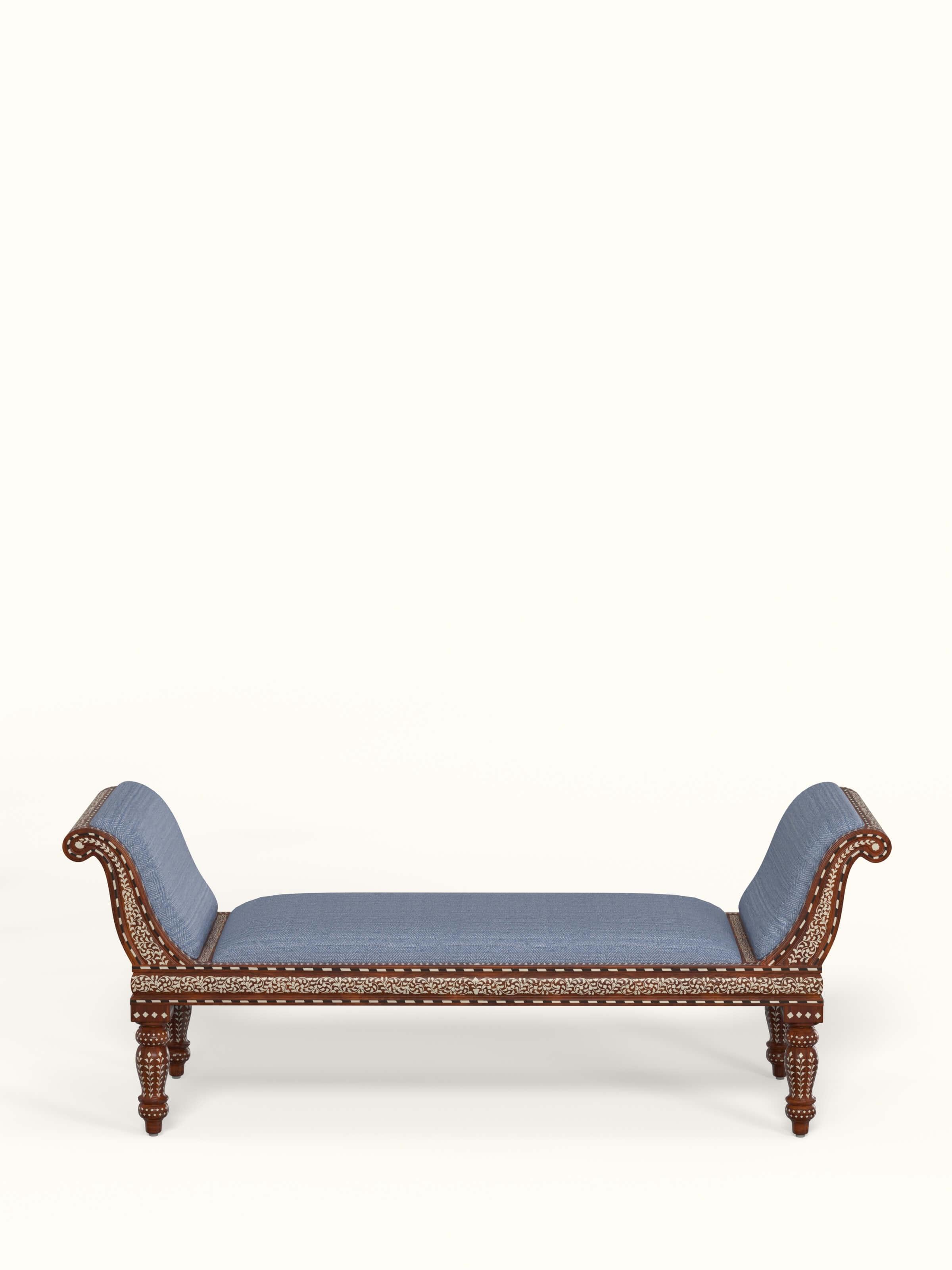 Front view of Blue Chevron Fabric Sheesham Wood & Bone Inlaid Bench, featuring a stylish chevron pattern and intricate bone inlay