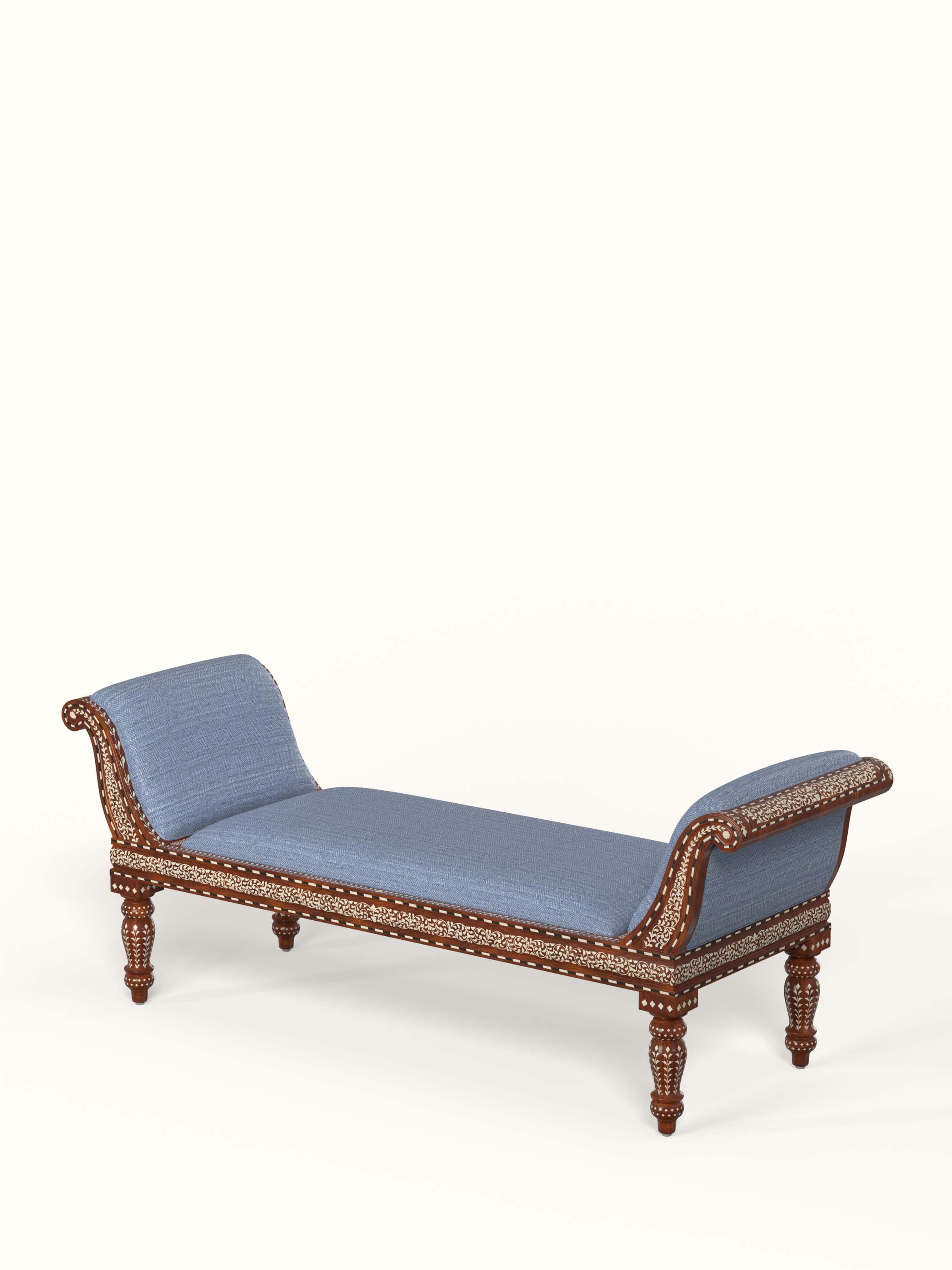 Side view of Blue Chevron Fabric Sheesham Wood & Bone Inlaid Bench, highlighting the elegant design and detailed craftsmanship
