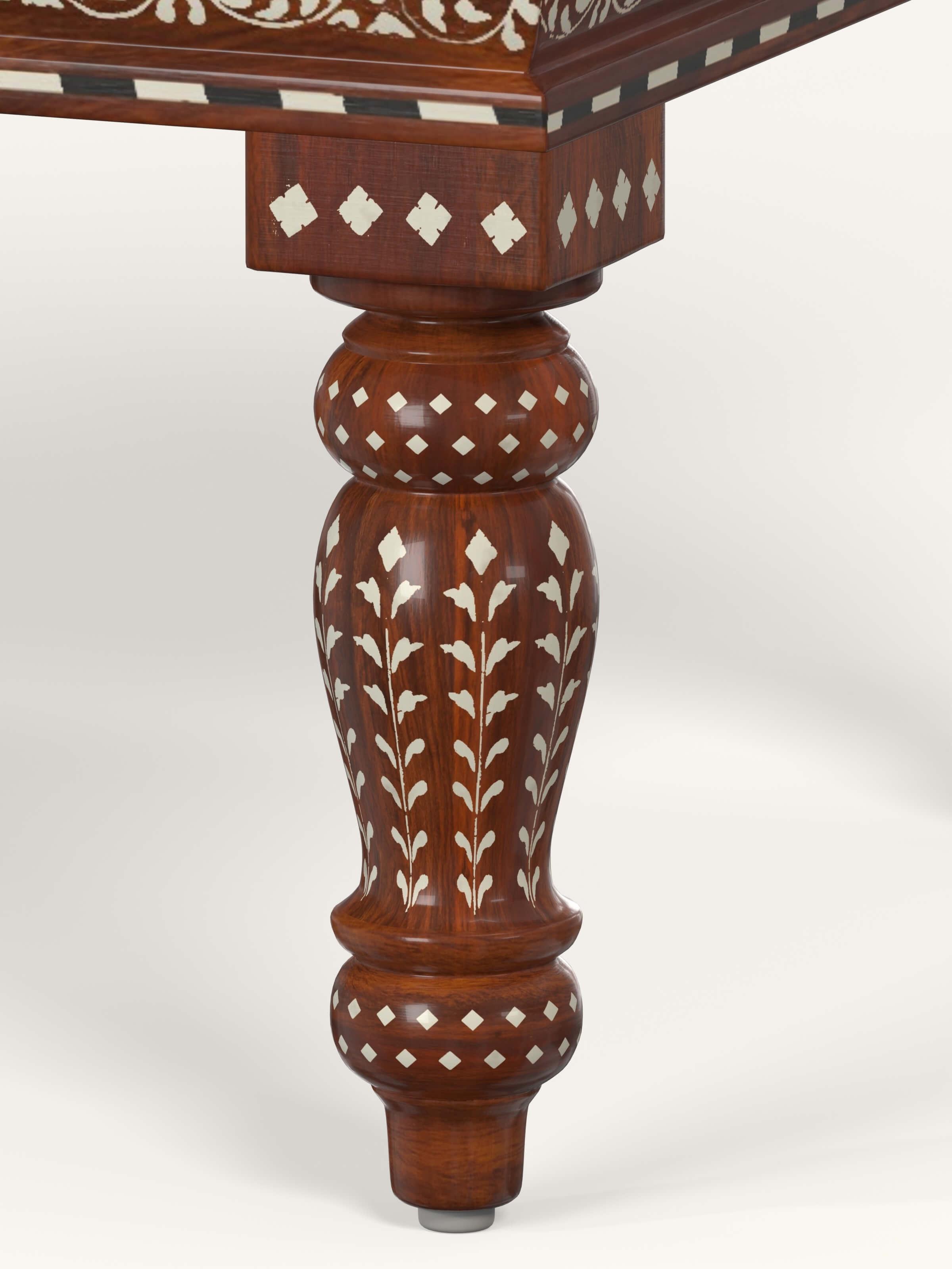 Close-up of the Blue Chevron Fabric Sheesham Wood & Bone Inlaid Bench, emphasizing the quality of the fabric and bone inlay design