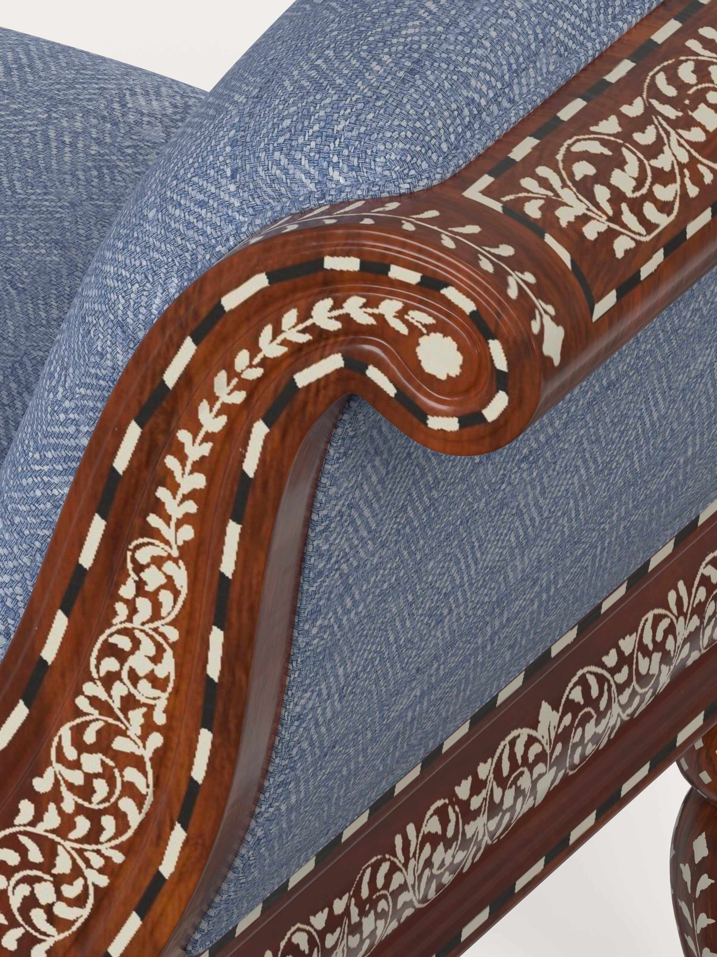 Detailed view of the bone inlay on Blue Chevron Fabric Sheesham Wood Bench, showcasing the intricate patterns and craftsmanship